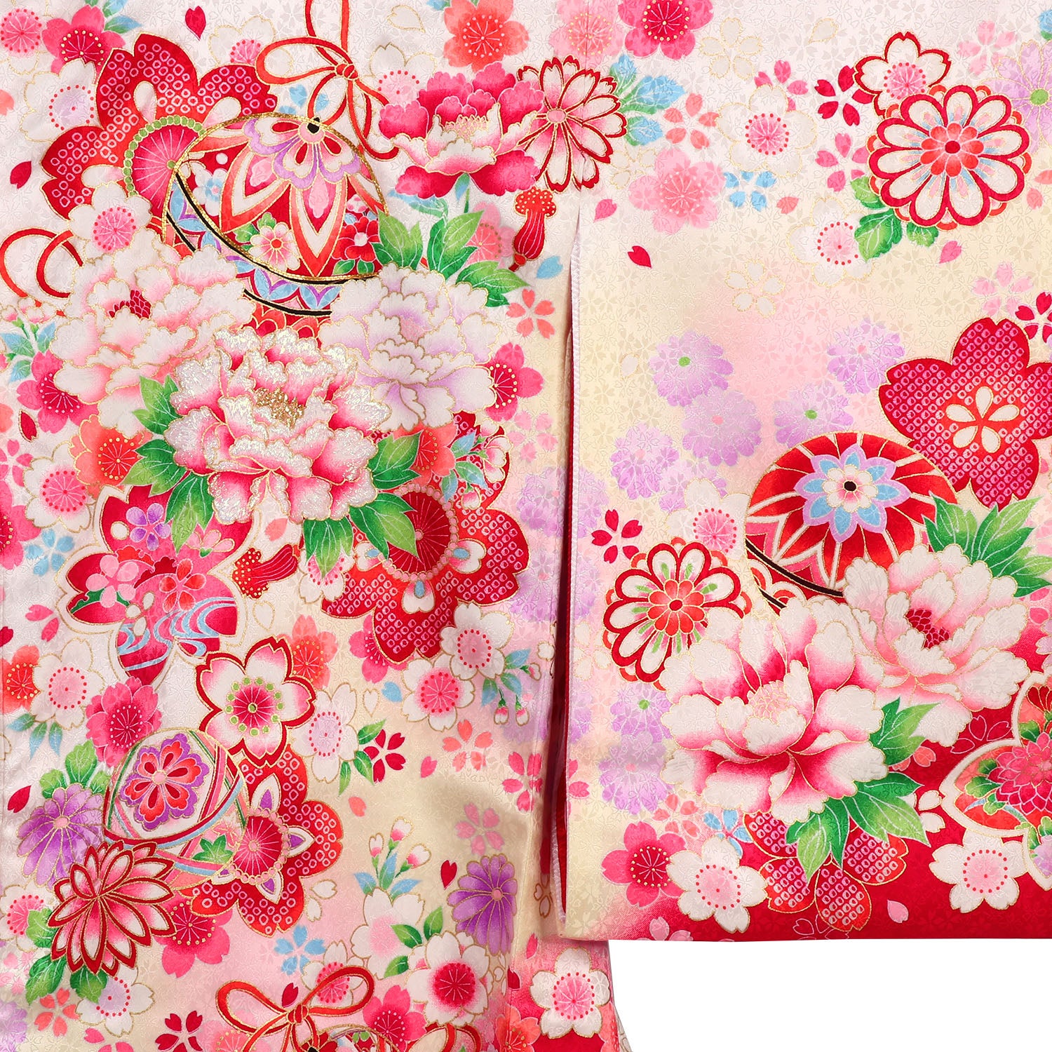 [レンタル] 女の子 お宮参り 産着 レンタル6点フルセット 正絹 鈴と牡丹の花々 白色に赤ぼかしの宅配レンタル - 3