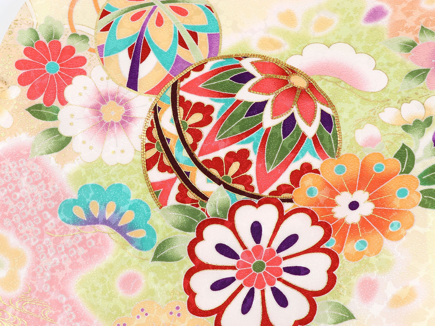 [レンタル] 女の子 お宮参り 産着 レンタル6点フルセット 正絹 鞠尽くし クリーム色の宅配レンタル - 4