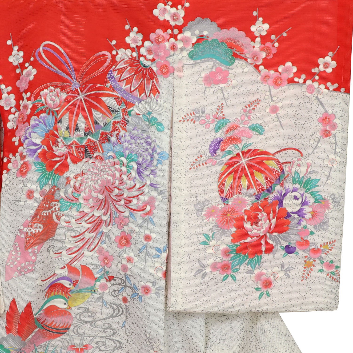 [レンタル] 女の子 お宮参り 産着 絽（夏用） レンタル6点フルセット 鞠と鴛鴦 赤色の宅配レンタル - 3