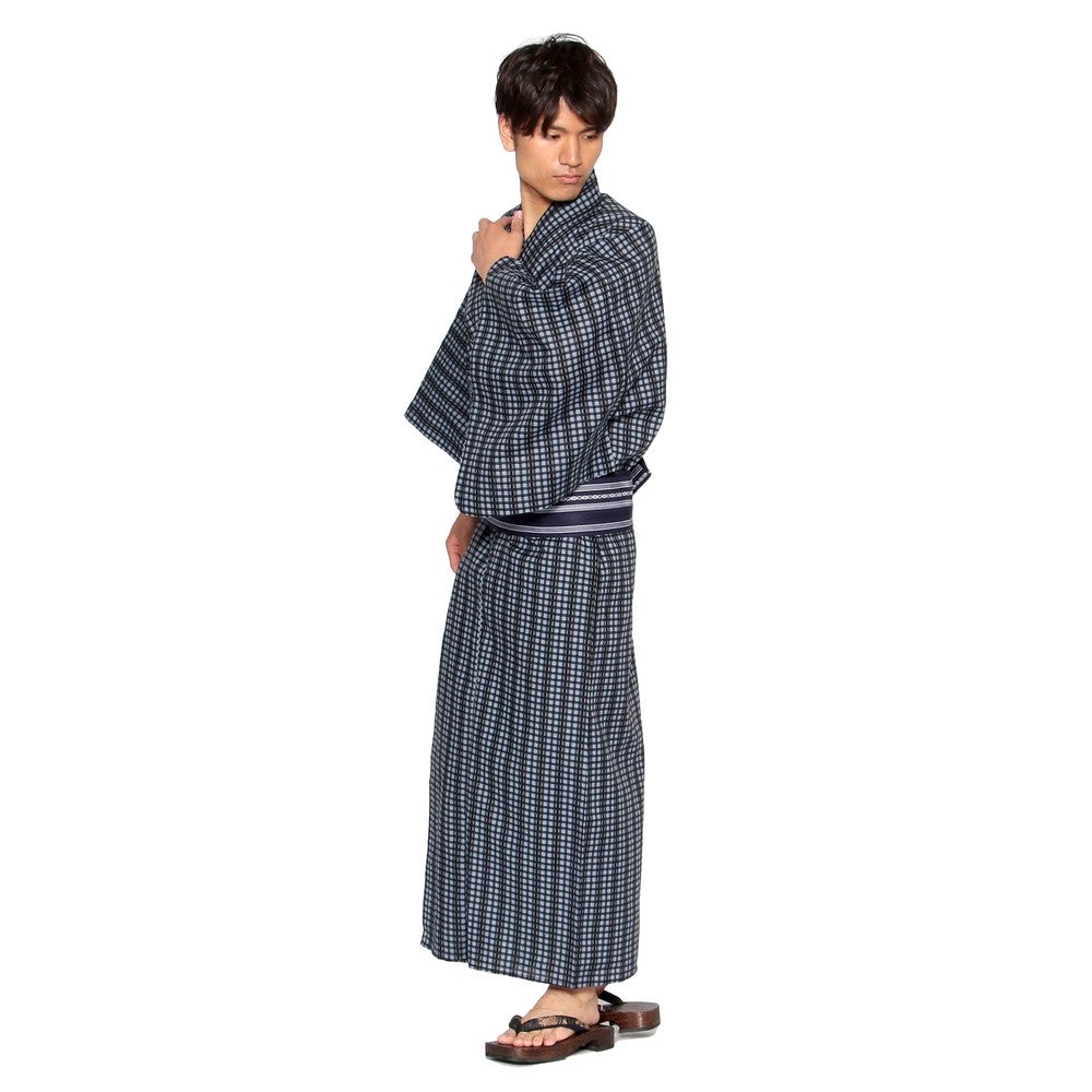 [レンタル] メンズ浴衣 フルセット 格子柄 身長目安170cm・175cm・180cm ブラック Lサイズ