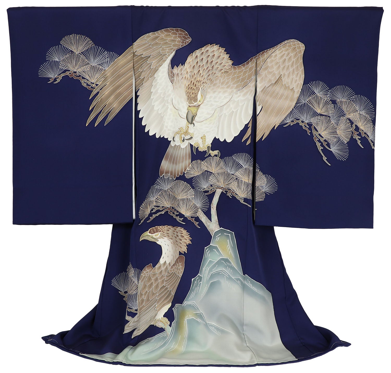 [レンタル] 男の子 お宮参り 産着 レンタル6点フルセット 正絹 二羽鷹に針松 紺色