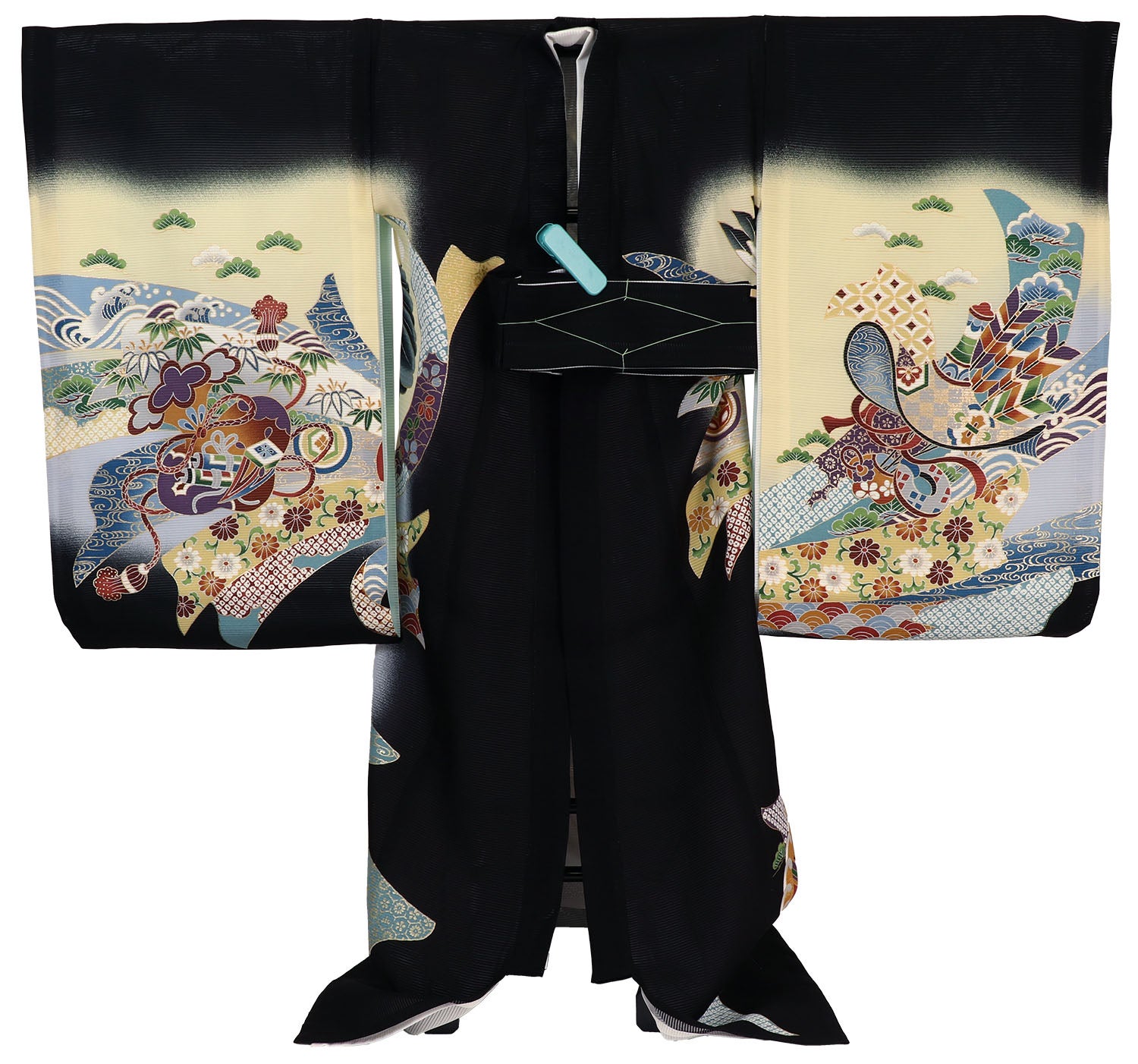 [レンタル] 男の子 お宮参り 産着 絽（夏用） レンタル6点フルセット 正絹 鷹に兜と打ち出の小槌 黒色の宅配レンタル - 2