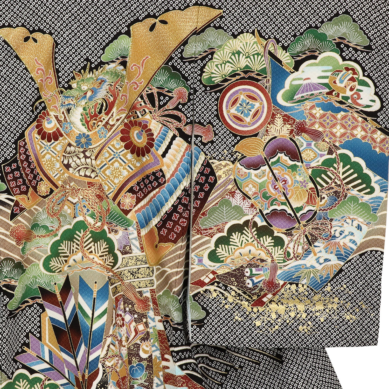 [レンタル] 男の子 お宮参り 産着 レンタル6点フルセット 正絹 兜と束熨斗に矢羽 総疋田柄の黒色の宅配レンタル - 3