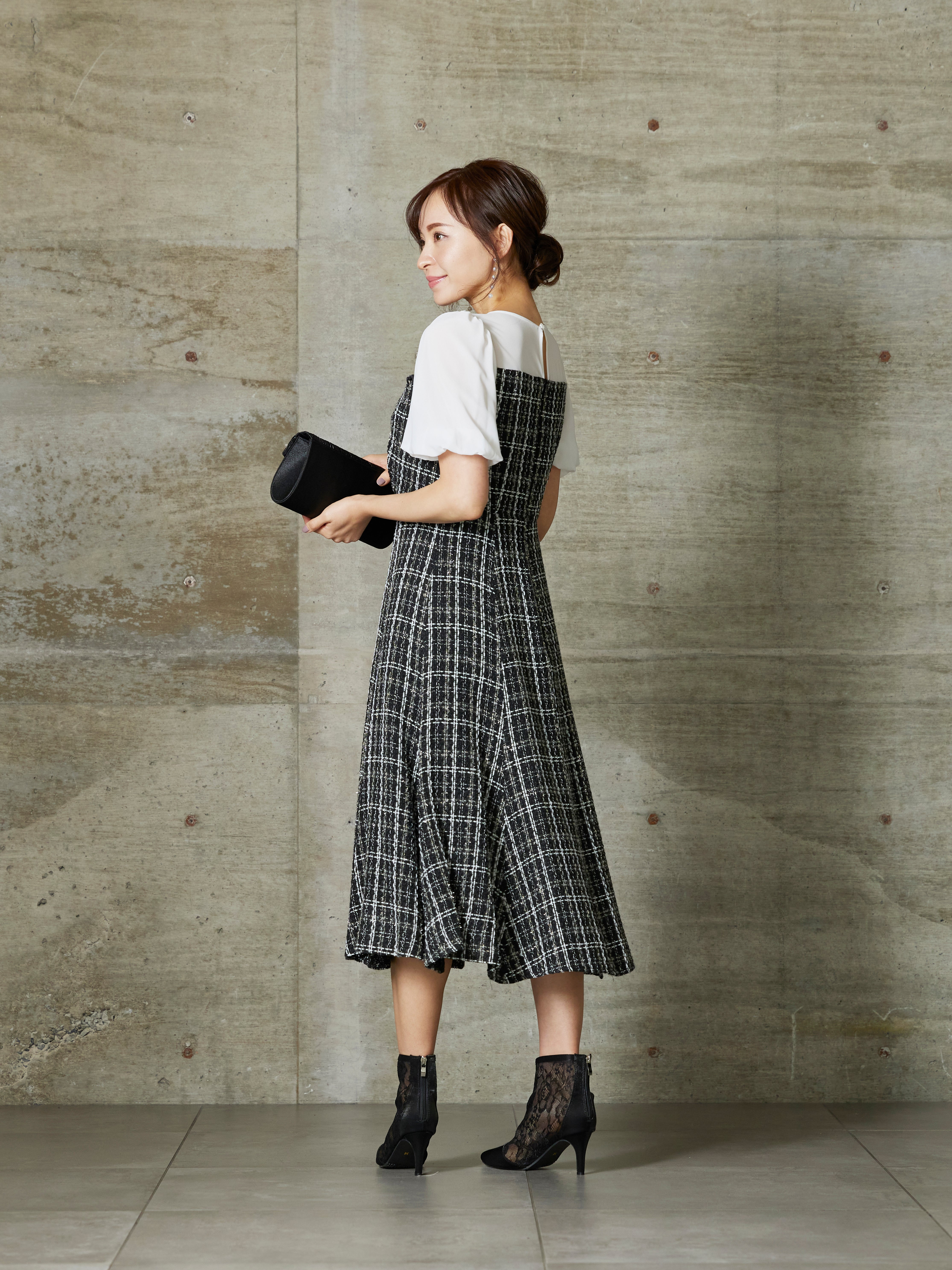 新品ドレスブラック ビジュードレス 日本製】ストレッチタフタクロスタックドレス(ワンピース) | re