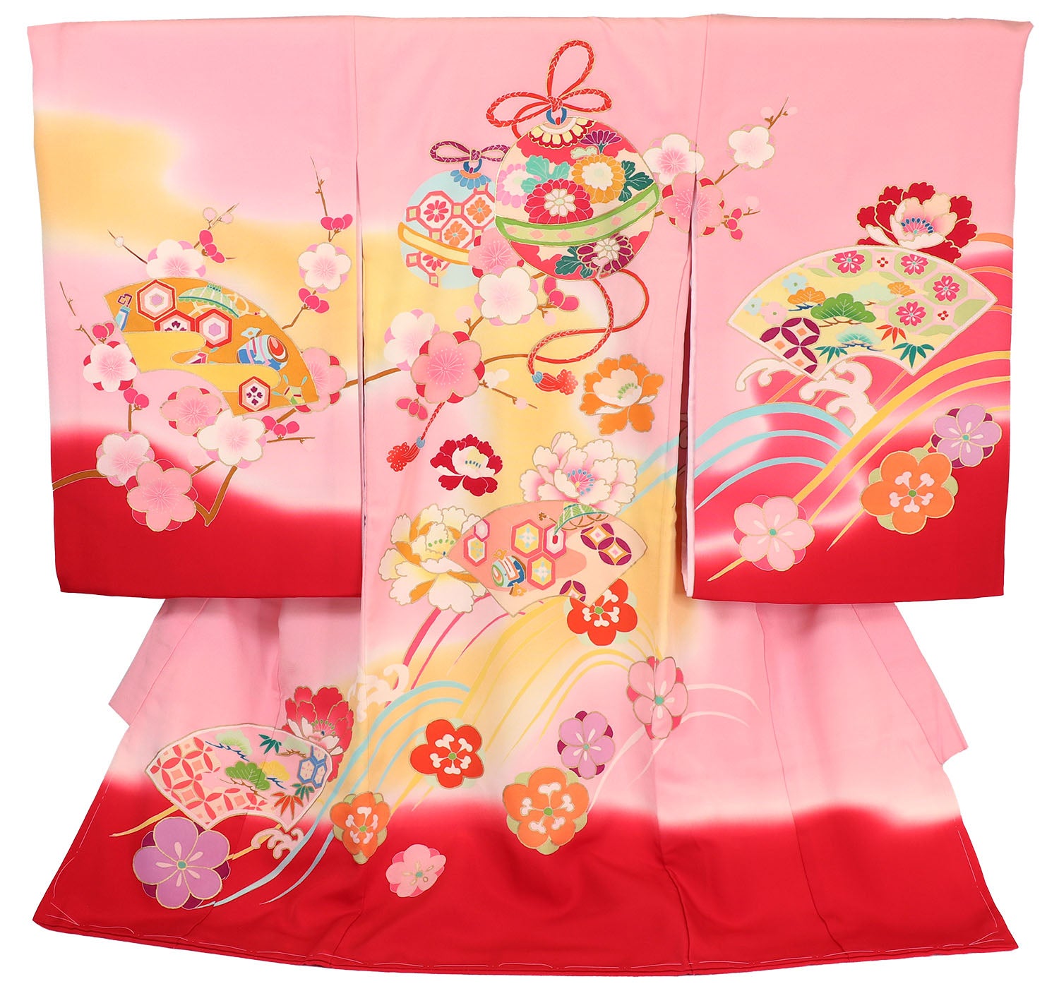 [手描友禅] 女の子 お宮参り 産着 手描友禅 レンタル6点フルセット 正絹 鈴に扇面 古典調の薄ピンク色に赤ぼかし