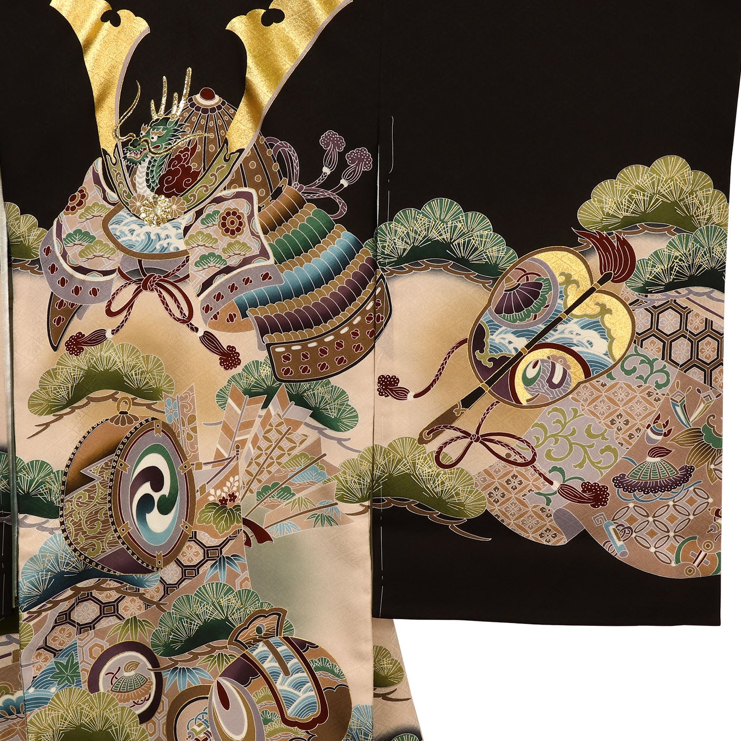 [レンタル] 男の子 お宮参り 産着 レンタル6点フルセット 正絹 兜に陣太鼓と打ち出の小槌 黒色の宅配レンタル - 3