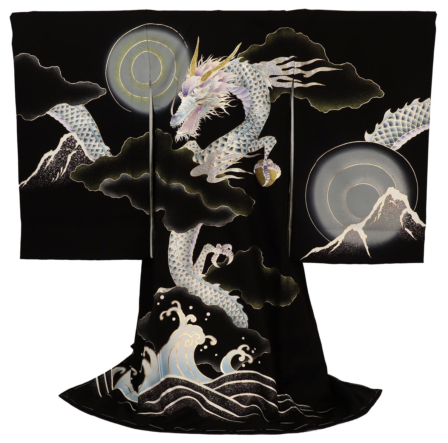 男の子 お宮参り 産着 レンタル6点フルセット 正絹 龍に荒波 黒色