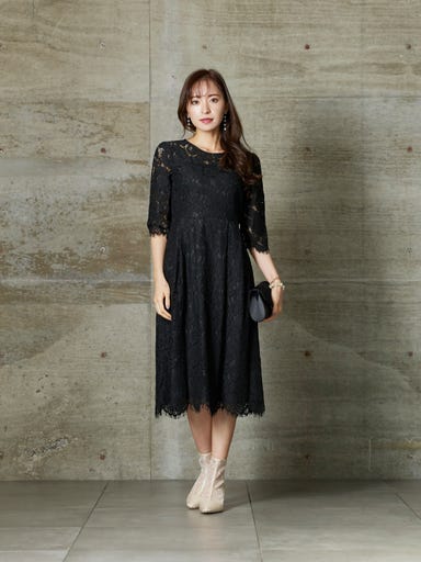 BELINDA DE CAPRIS 総レース ラウンドネックワンピースドレス ブラック Lサイズ