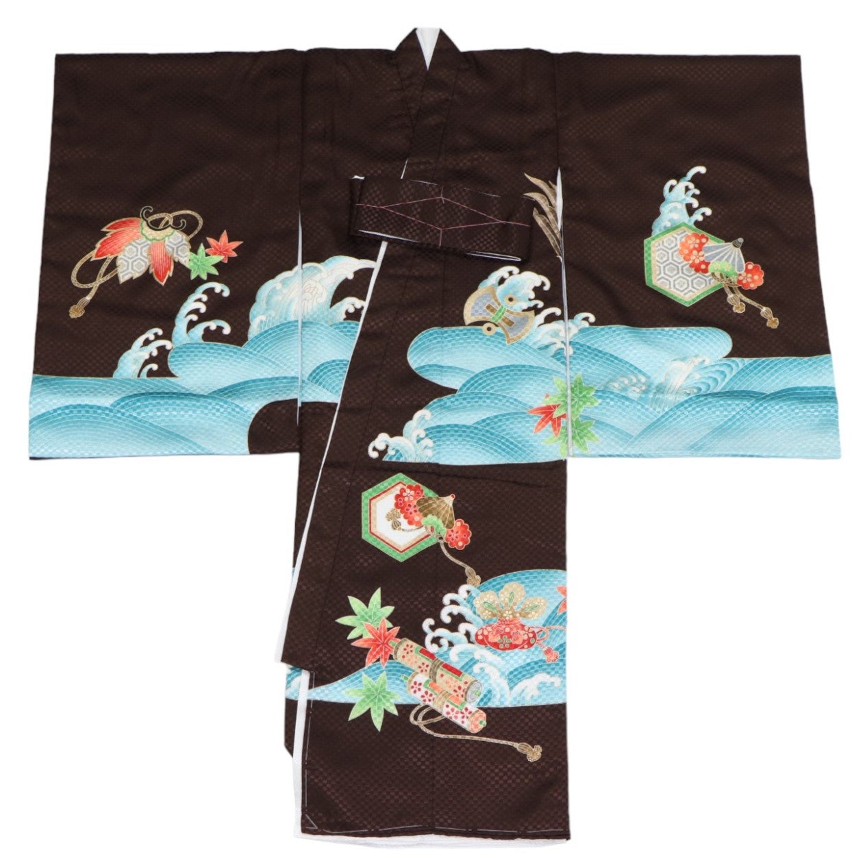 [レンタル] 男の子 お宮参り 産着レンタル6点フルセット 鷹に波 こげ茶の宅配レンタル - 2