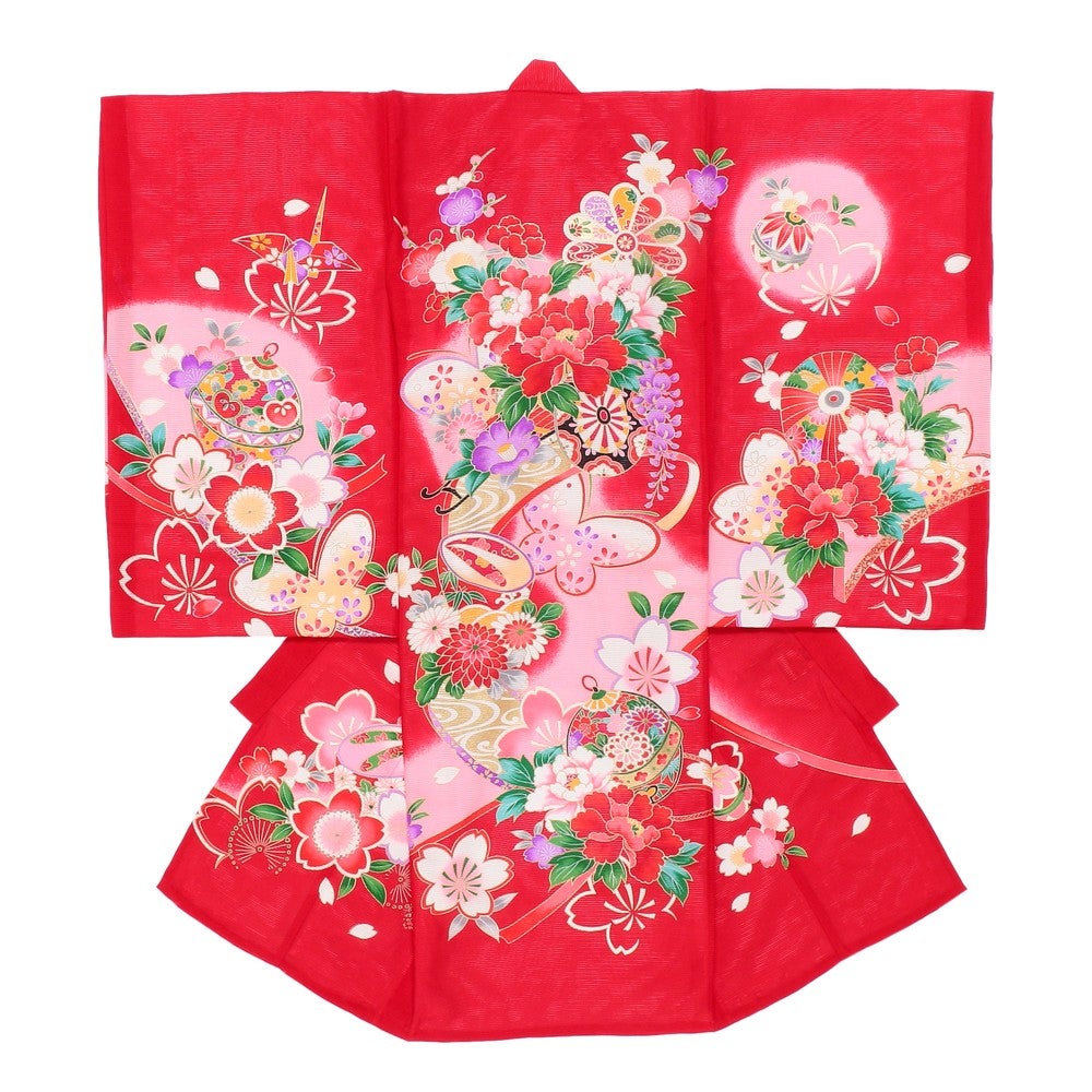 [レンタル] 女の子 お宮参り 産着・絽（夏用）レンタル6点フルセット 正絹 毛毬 鈴 レッド