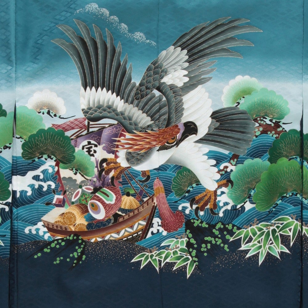 [レンタル] 七五三/節句 袴セット 5歳 男の子 交織 絵羽 四ツ身 ブルー