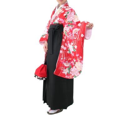 女性用 袴セット レース付き花蔓柄 (着物、袴、和装小物一式) レッド
