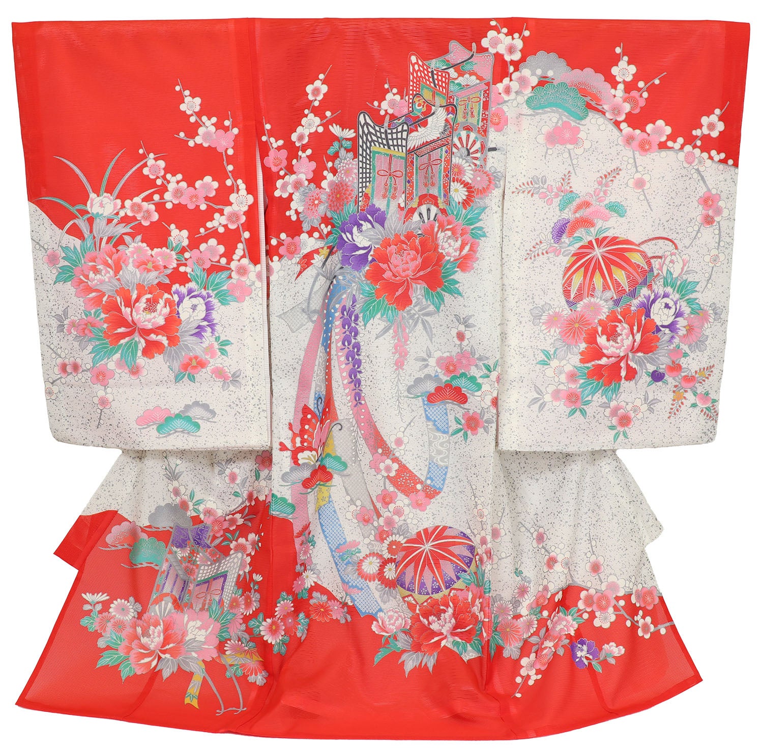 [レンタル] 女の子 お宮参り 産着 絽（夏用） レンタル6点フルセット 御所車と蝶と鞠 赤色