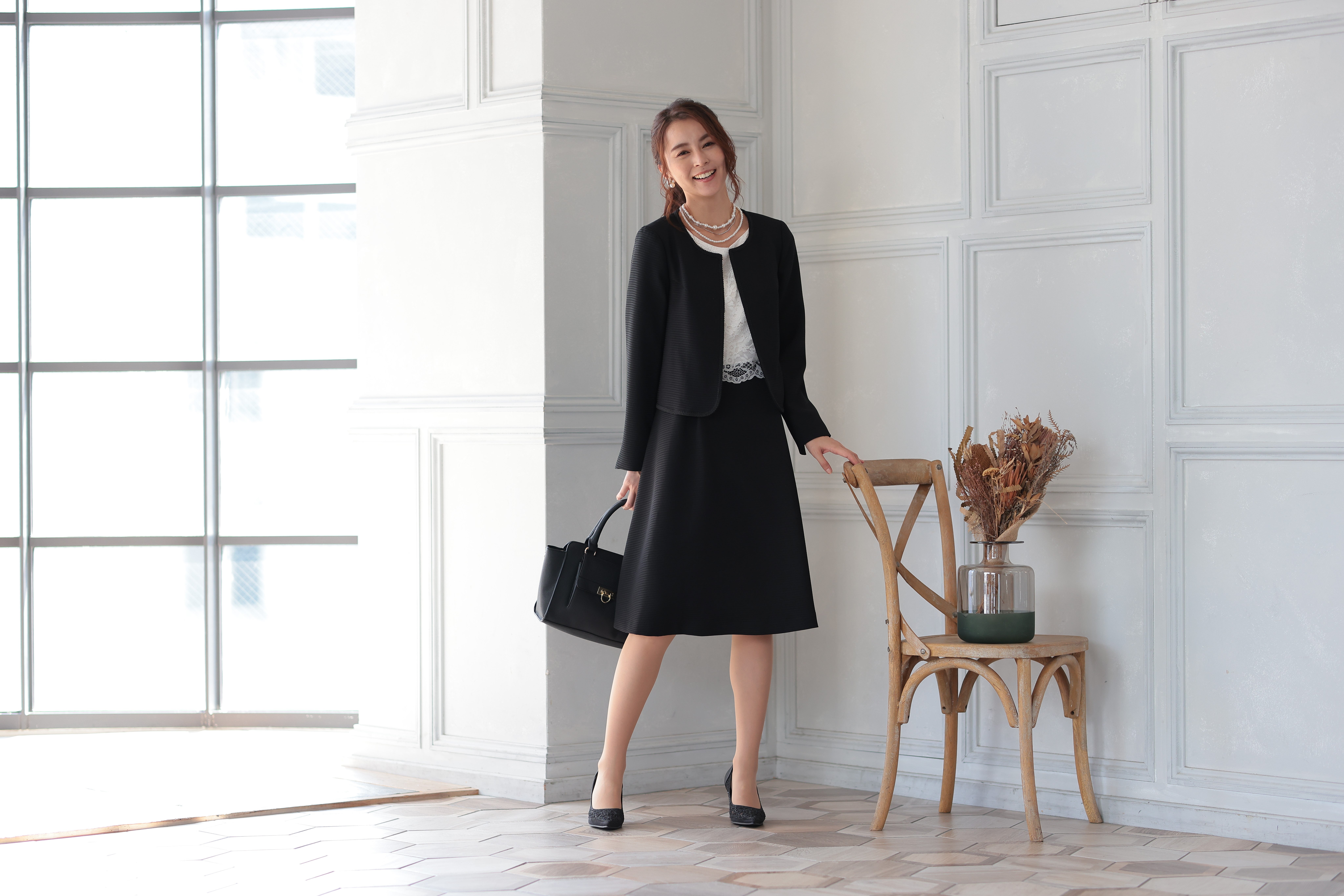 アートマリー レース×ピケツイード調アンサンブルスーツ【2点セット】ブラック