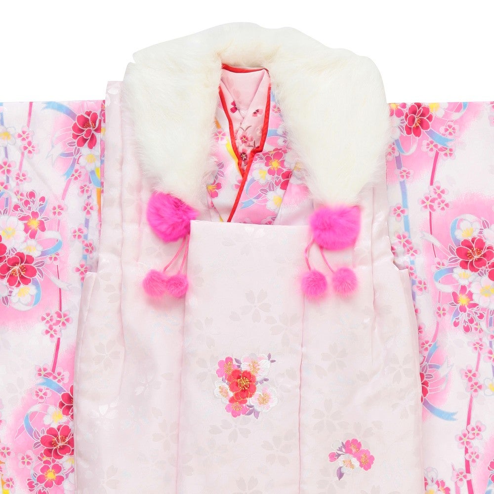 [レンタル] 七五三/節句 被布セット 3歳女の子 被布セット しだれ桜 牡丹模様 ホワイト