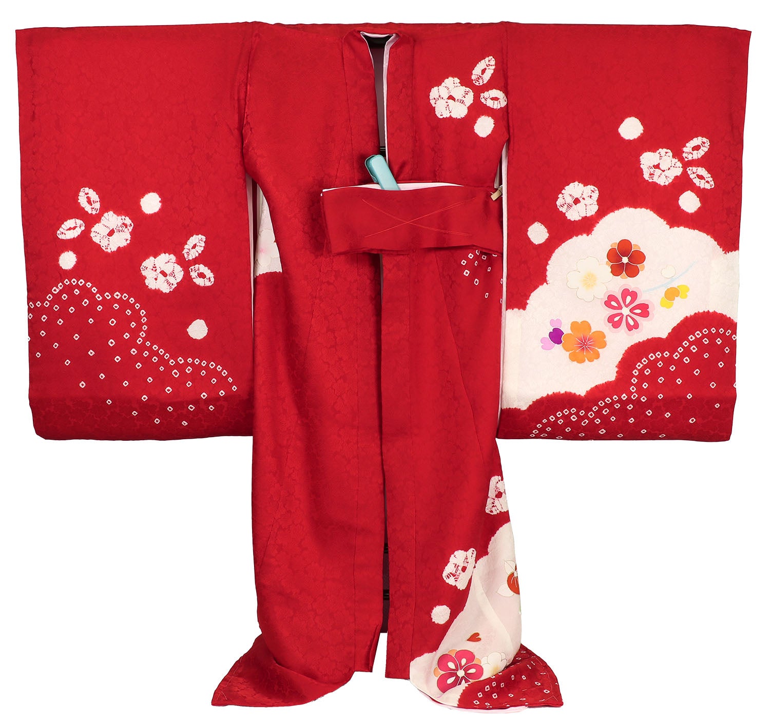 [レンタル] 女の子 お宮参り 産着 レンタル6点フルセット 正絹 鈴に雲取りに梅 赤色の宅配レンタル - 2