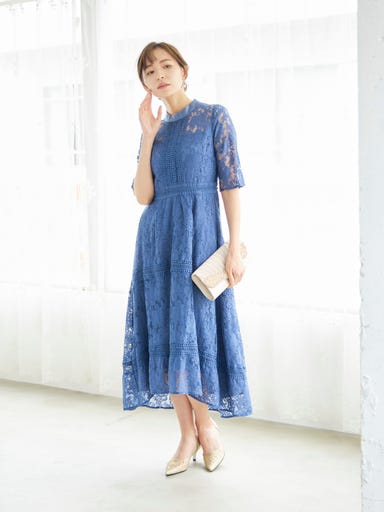 BELINDA DE CAPRIS ケミカルレース フィッシュテール ワンピースドレス ブルー Lサイズ