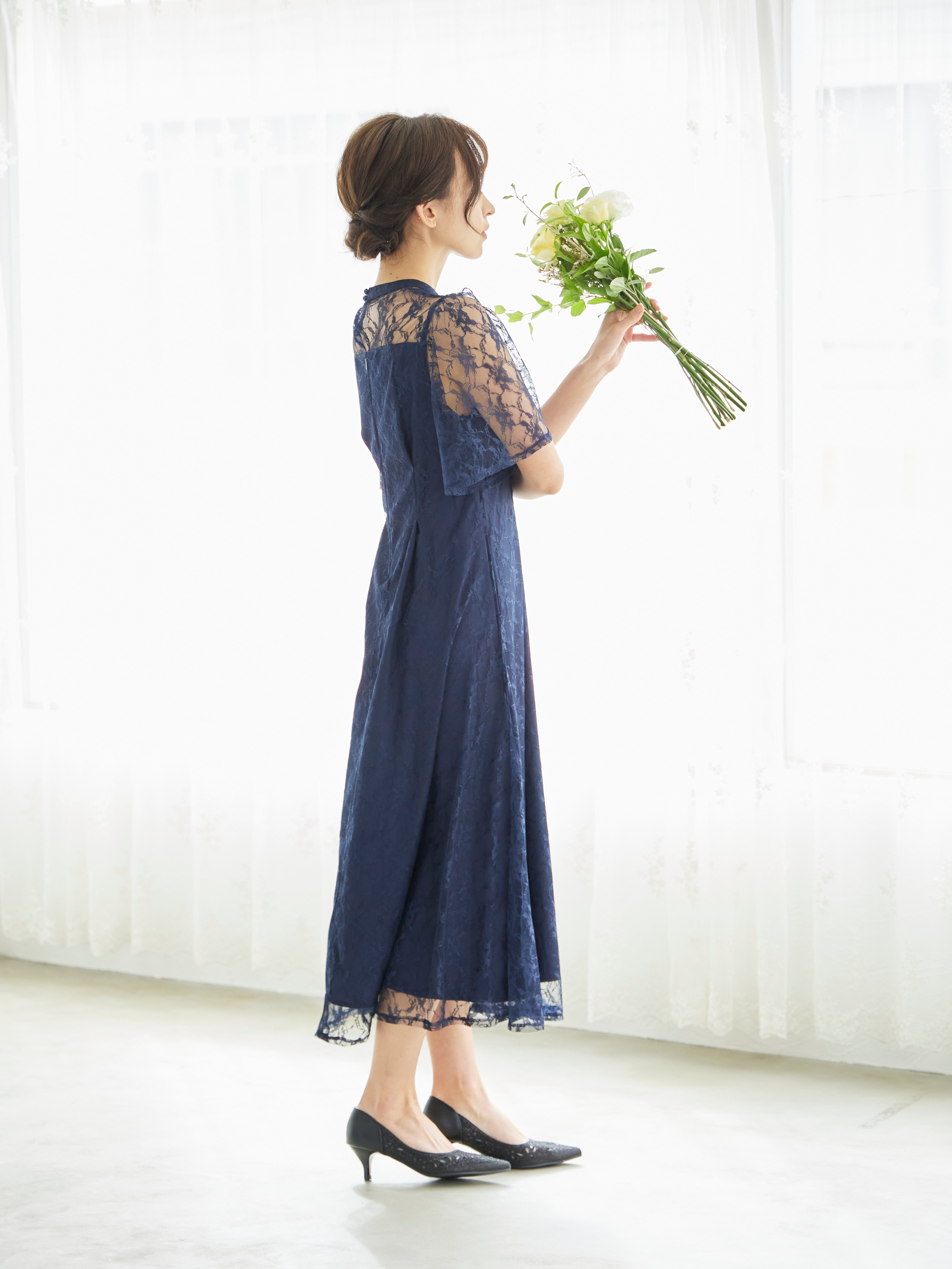 [レンタル] BELINDA DE CAPRIS 総レースフレア袖 ハイネック ワンピースドレス ネイビーの宅配レンタル - 8