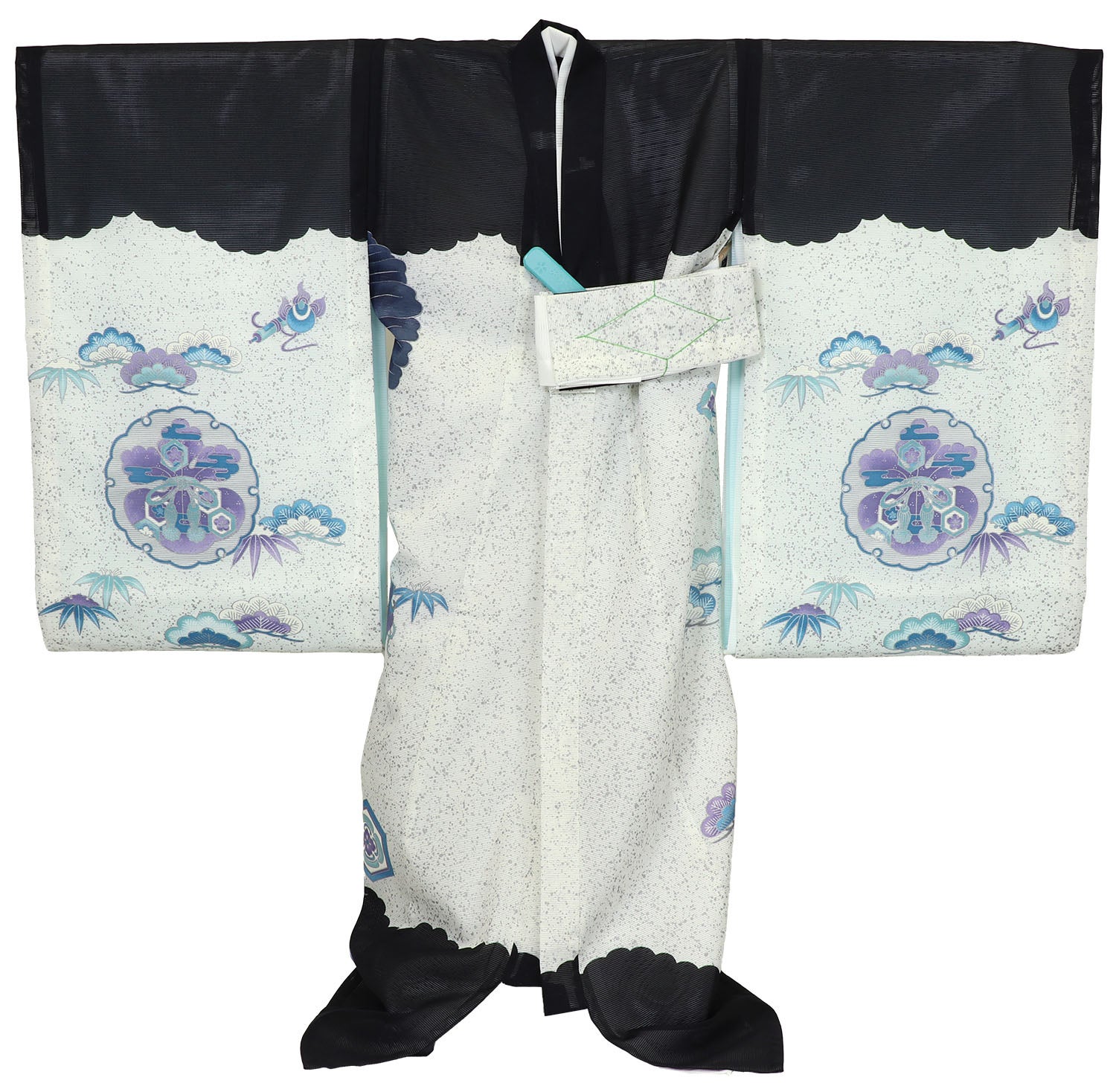 [レンタル] 男の子 お宮参り 産着 絽（夏用） レンタル6点フルセット 鷹と扇面 薄い黒色 / 墨黒の宅配レンタル - 2