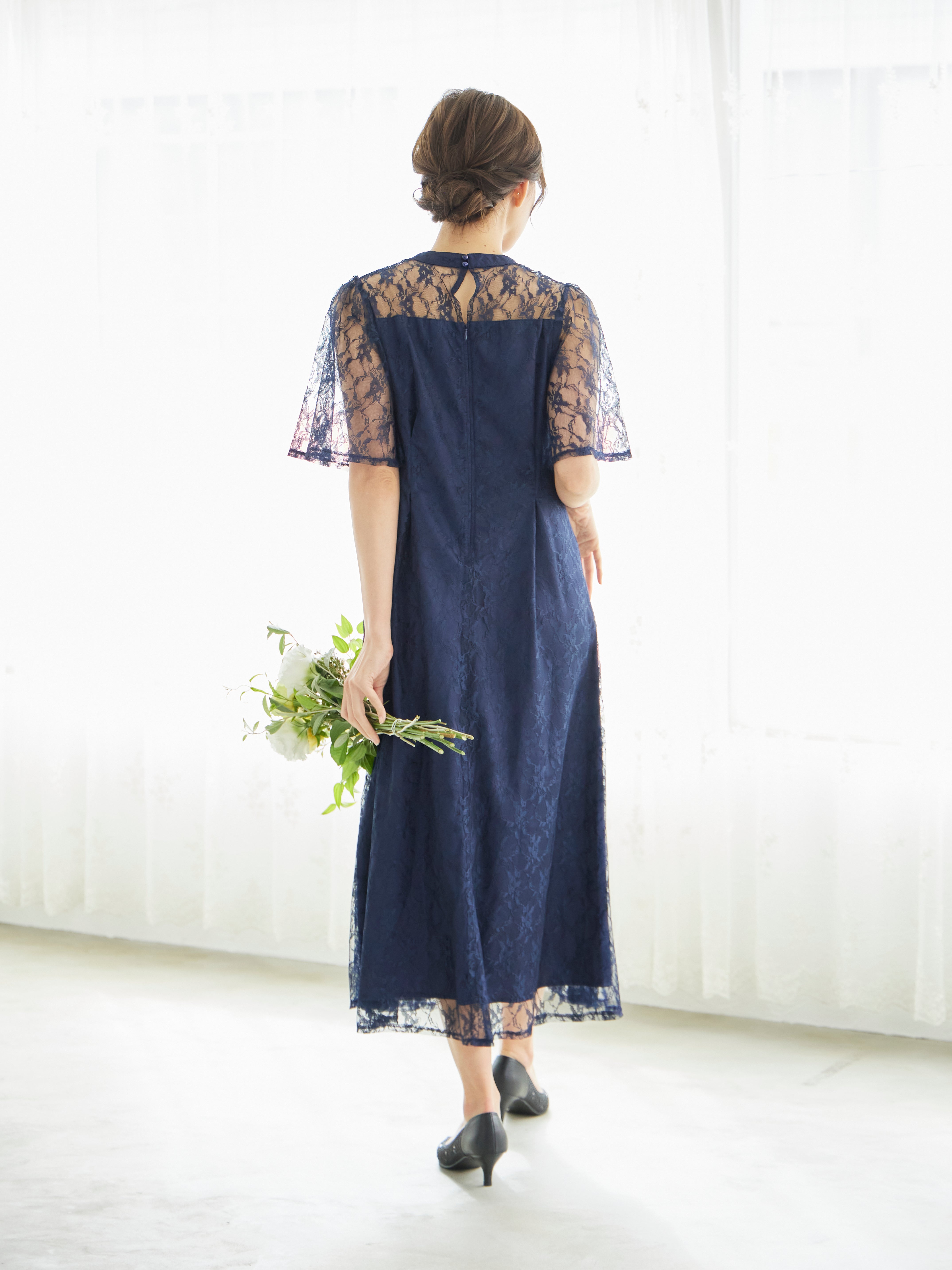 [レンタル] BELINDA DE CAPRIS 総レースフレア袖 ハイネック ワンピースドレス ネイビーの宅配レンタル - 10