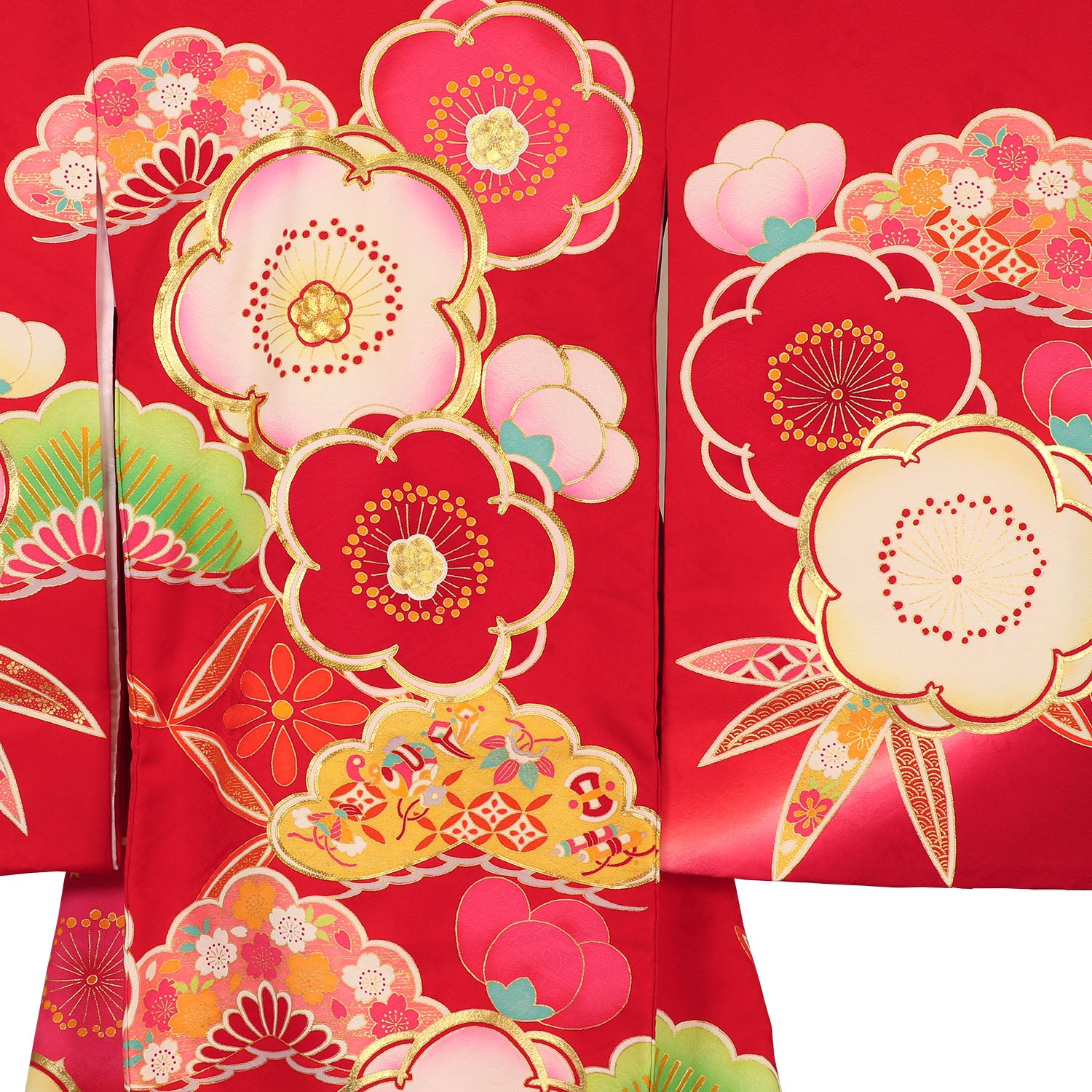 [レンタル] 女の子 お宮参り 産着 レンタル6点フルセット 正絹 金駒刺繍の吉祥梅 赤色の宅配レンタル - 3