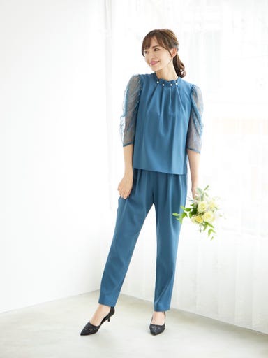 BELINDA DE CAPRIS パールボタン付き セットアップ パンツドレス グリーン Lサイズ