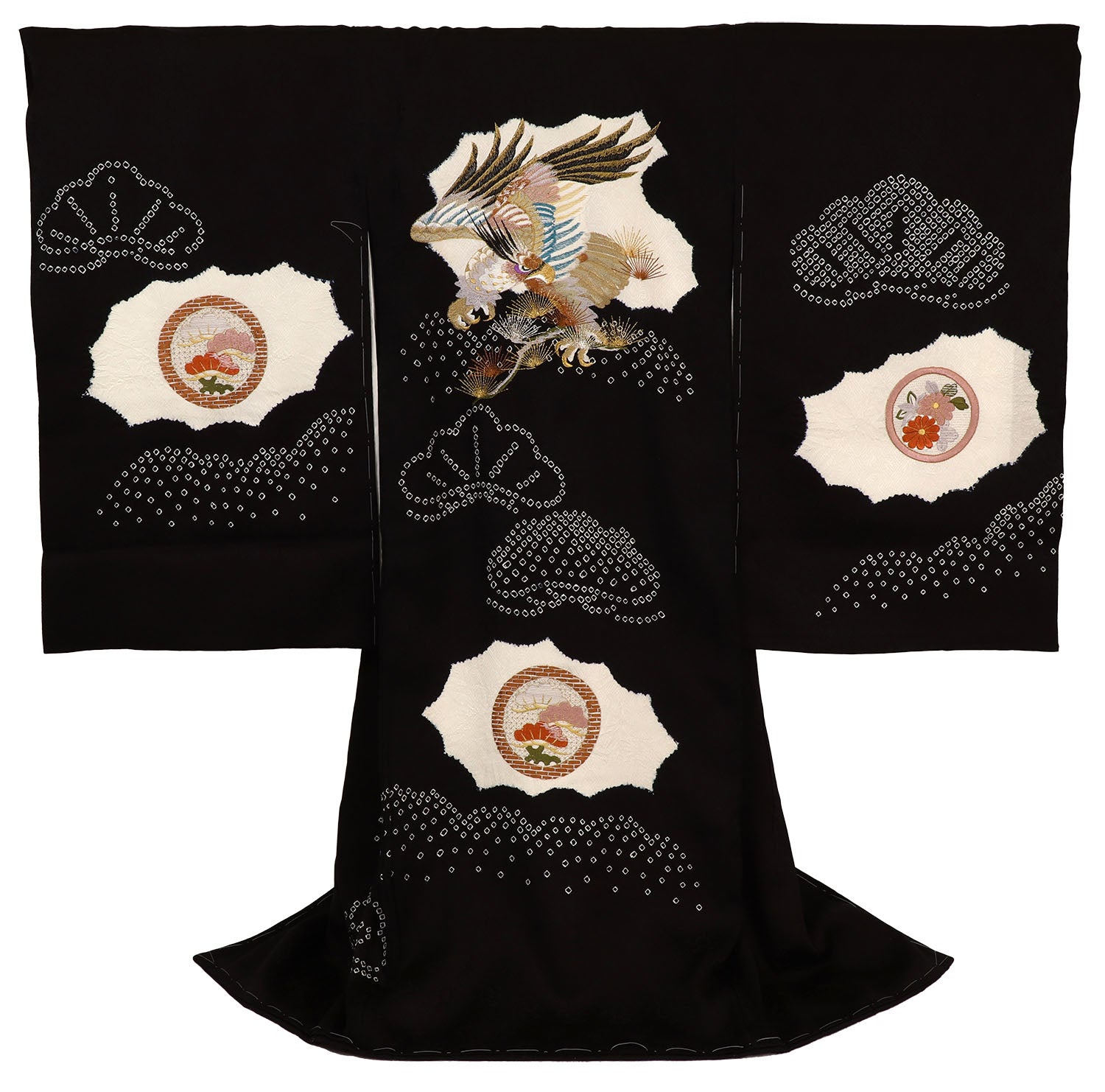 [レンタル] 男の子 お宮参り 産着 レンタル6点フルセット 正絹 刺繍の鷹に松と玉手箱 疋田の黒色