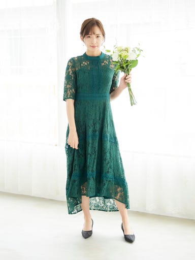 BELINDA DE CAPRIS ケミカルレース フィッシュテール ワンピースドレス グリーン Lサイズ