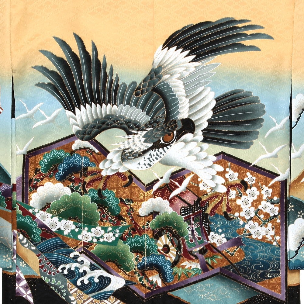 [レンタル] 七五三/節句 袴セット 3歳男の子 白鷹 屏風 イエロー