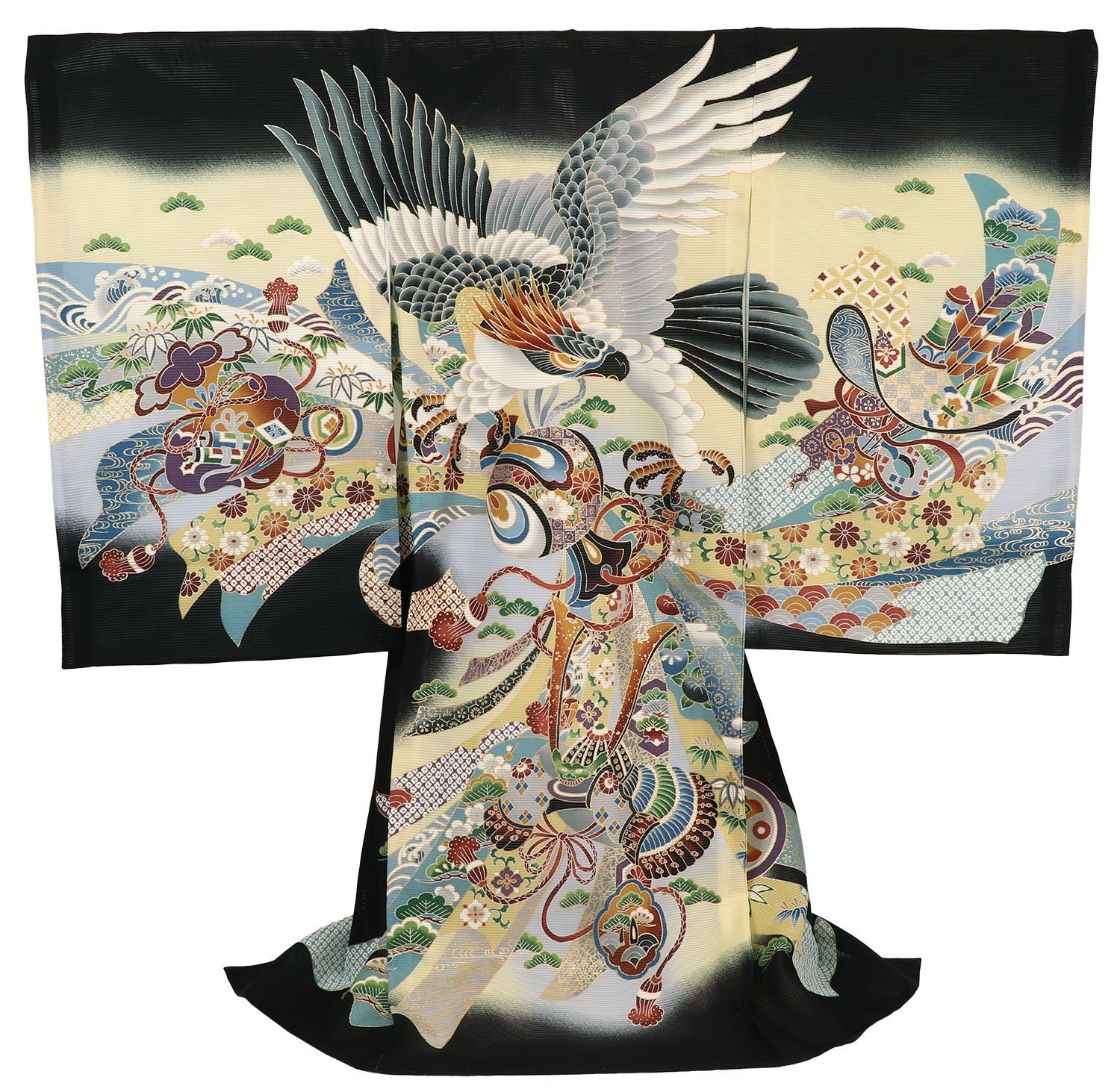 [レンタル] 男の子 お宮参り 産着 絽（夏用） レンタル6点フルセット 正絹 鷹に兜と打ち出の小槌 黒色