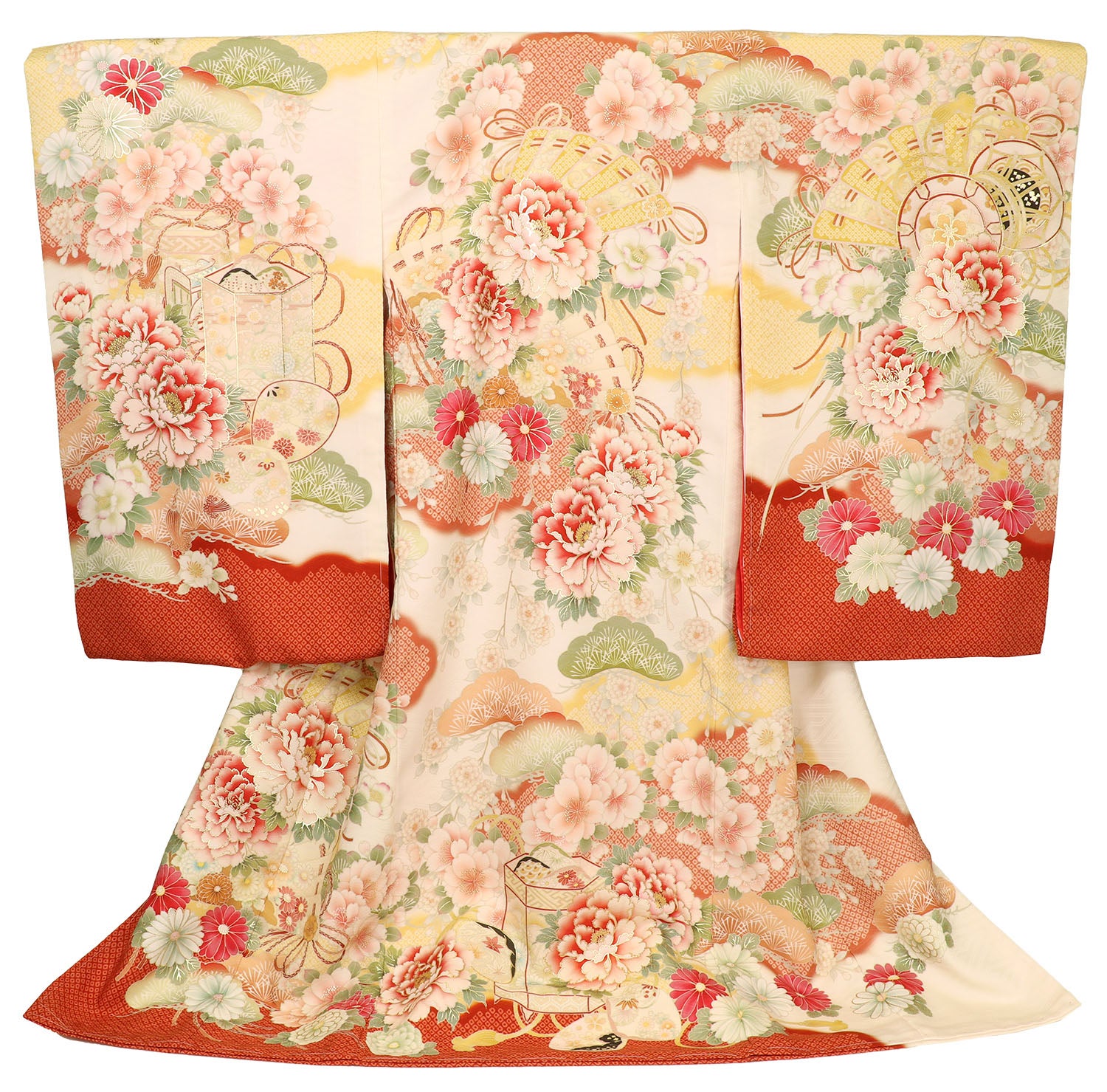 女の子 お宮参り 産着 京都丸紅 / 華徒然 レンタル6点フルセット 正絹 牡丹と檜扇と貝桶 クリーム色