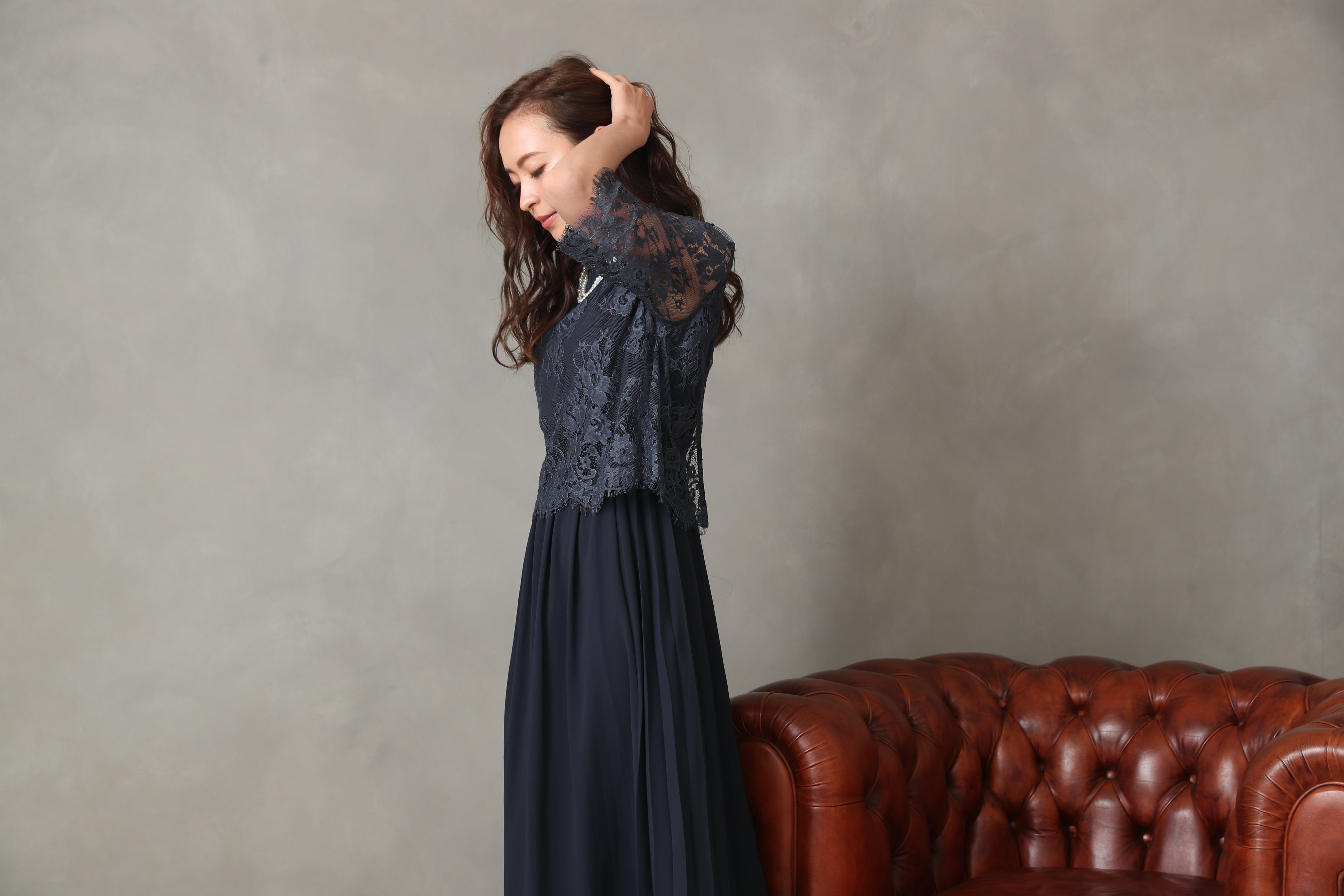 [レンタル] BELINDA DE CAPRIS サイドプリーツ レーススリーブ ワンピースドレス ネイビーの宅配レンタル - 10