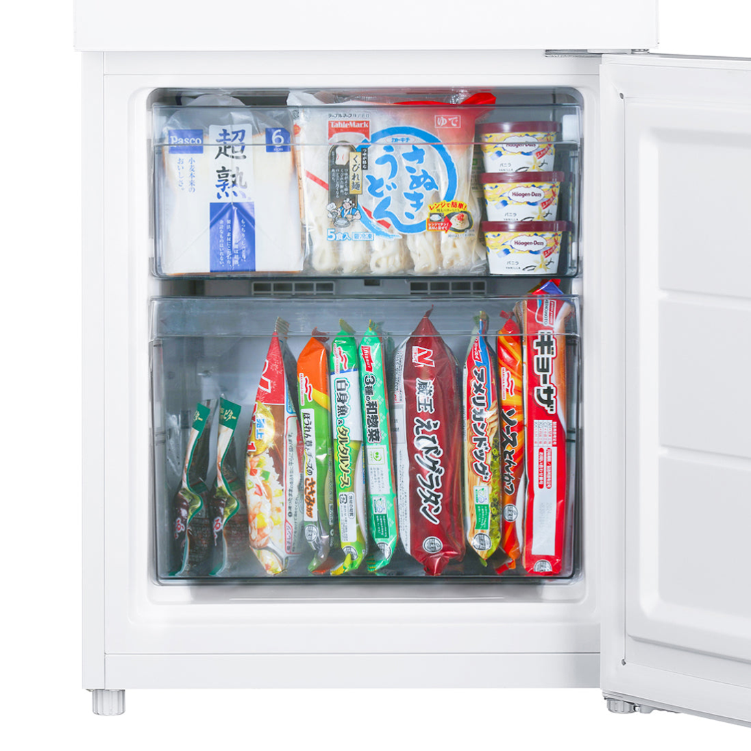 [121L][一人暮らし向け][右開き]ツインバード HR-G912 2ドア冷凍冷蔵庫 冷凍室に冷凍食品を収納したイメージ - 11