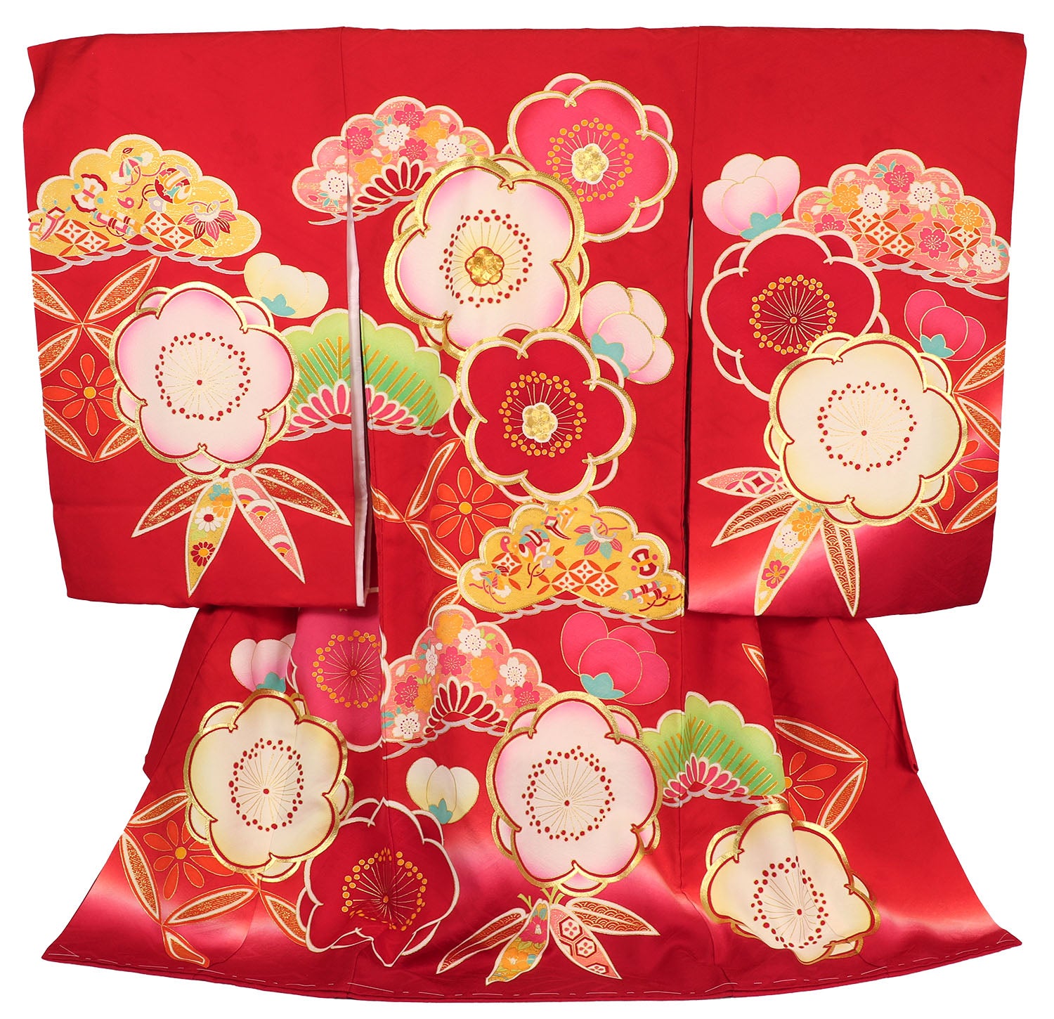 [レンタル] 女の子 お宮参り 産着 レンタル6点フルセット 正絹 金駒刺繍の吉祥梅 赤色の宅配レンタル - 1