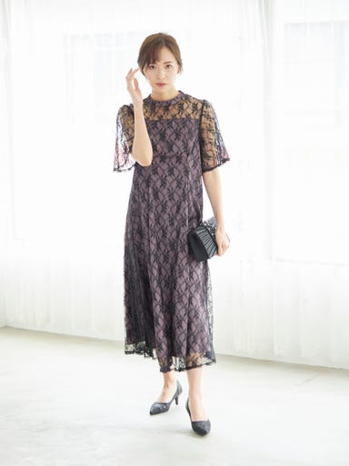 BELINDA DE CAPRIS 総レースフレア袖 ハイネック ワンピースドレス ブラック Lサイズ