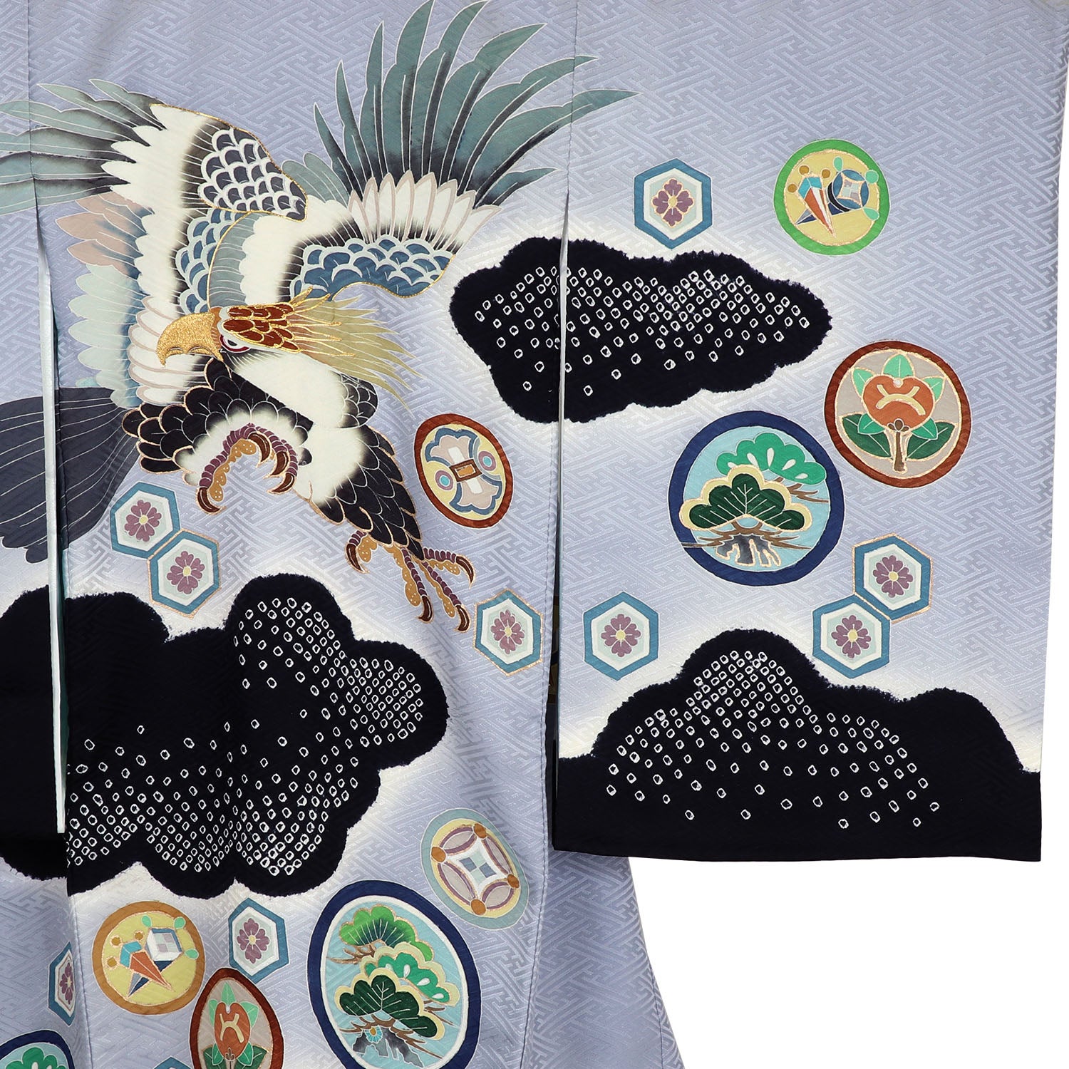 [レンタル] [手描友禅] 男の子 お宮参り 産着 手描友禅 レンタル6点フルセット 正絹 鷹と染め疋田 紗綾形グレー色の宅配レンタル - 3