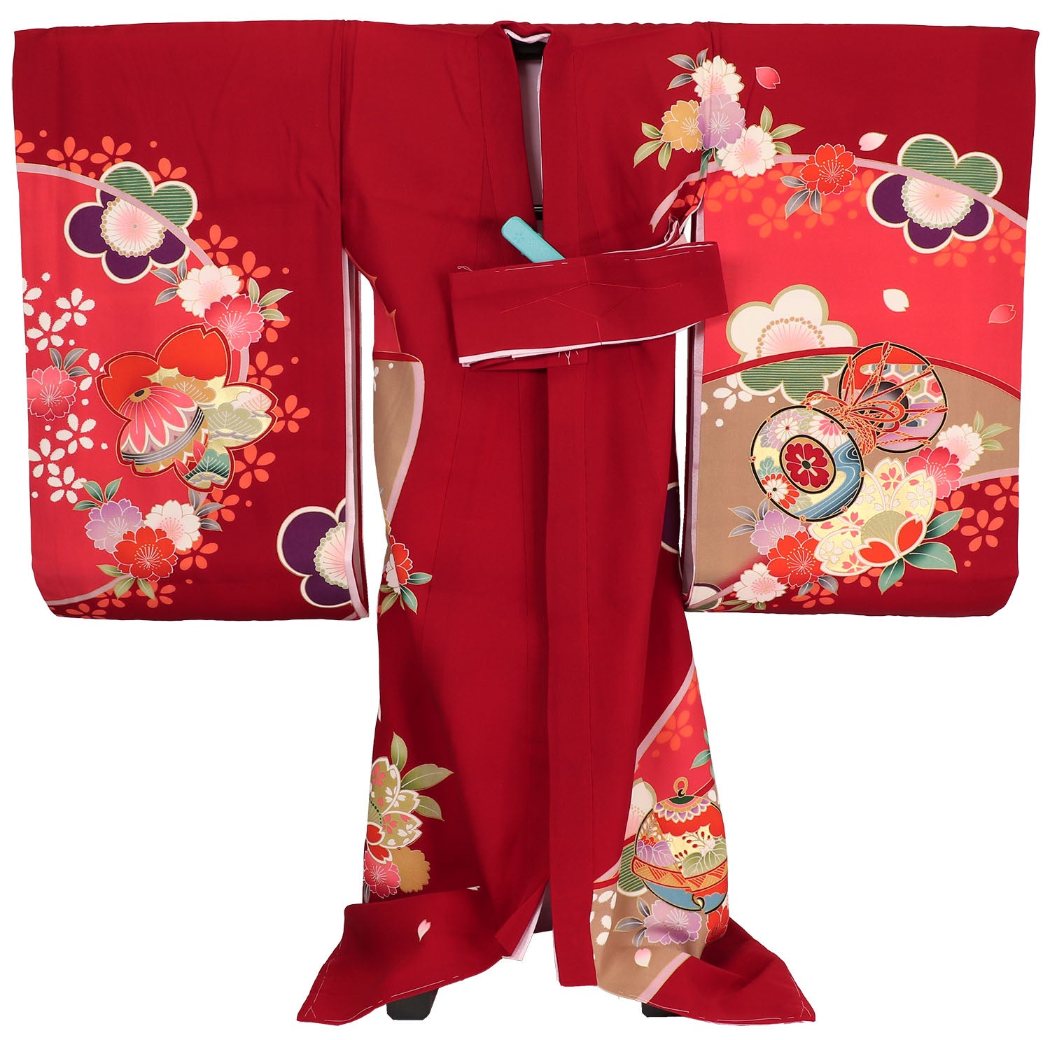 [レンタル] 女の子 お宮参り 産着 レンタル6点フルセット 正絹 古典調の鼓に桜散らし 濃い赤色の宅配レンタル - 2