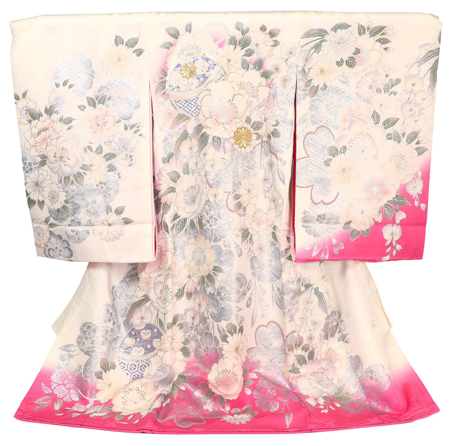 [手描友禅] 女の子 お宮参り 産着 手描友禅 レンタル6点フルセット 正絹 金駒刺繍の鞠に花づくし 紗綾形風の白色に濃いピンクぼかし