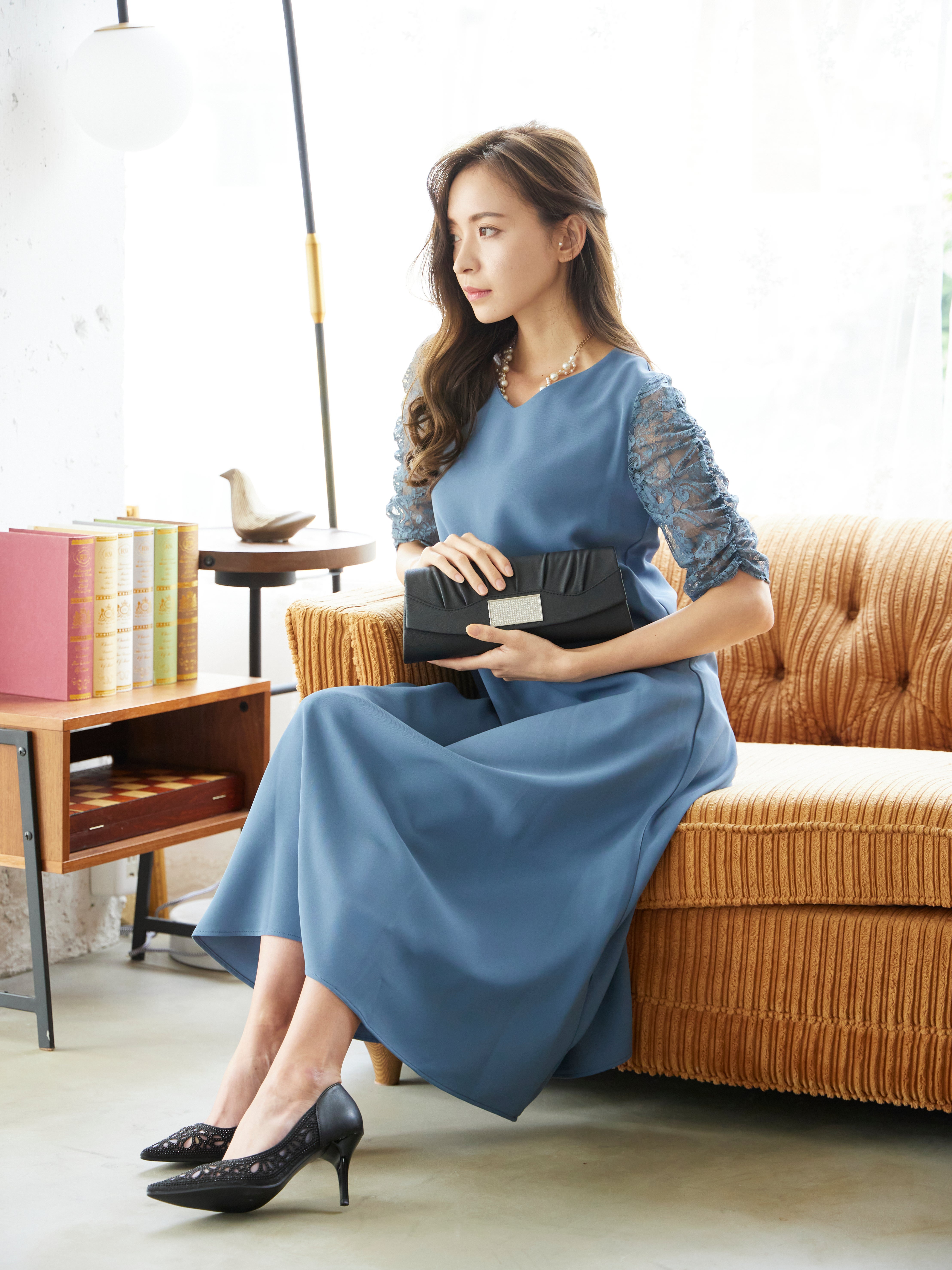 [レンタル] BELINDA DE CAPRIS Vネックギャザースリープ ワンピースドレス ブルーグレーの宅配レンタル - 9