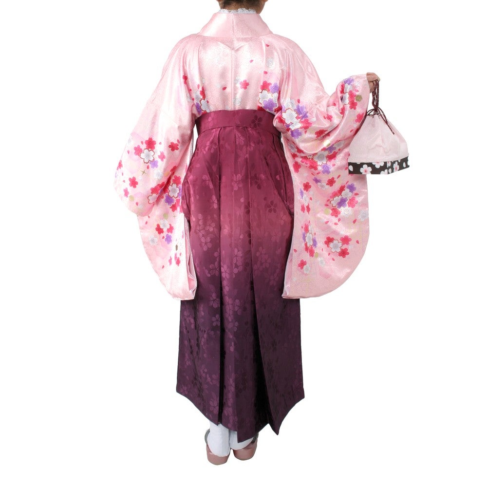 レンタル] 女性用 袴セット 桜柄 (着物、袴、和装小物一式) ピンクの