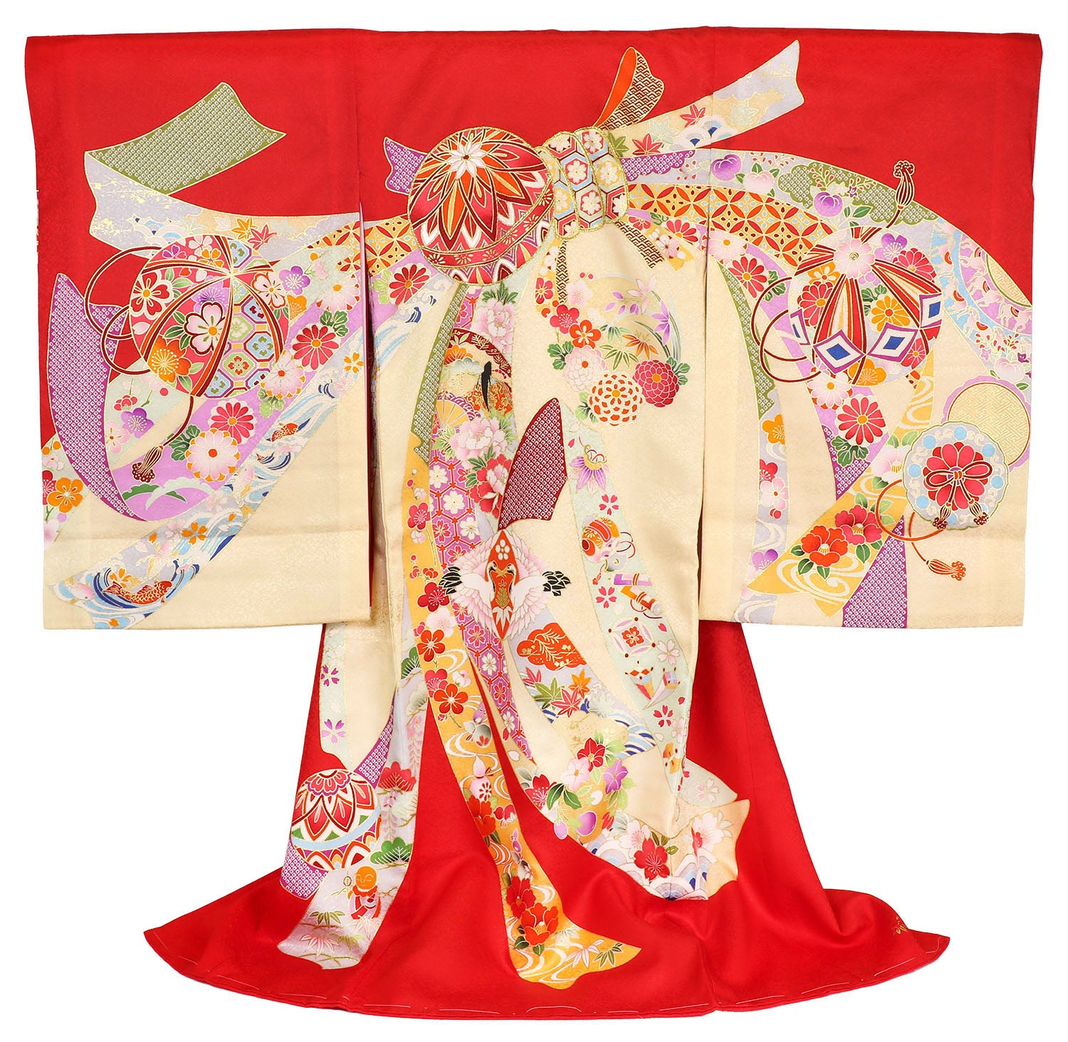 女の子 お宮参り 産着 レンタル6点フルセット 正絹 鞠に十徳の束熨斗 赤色