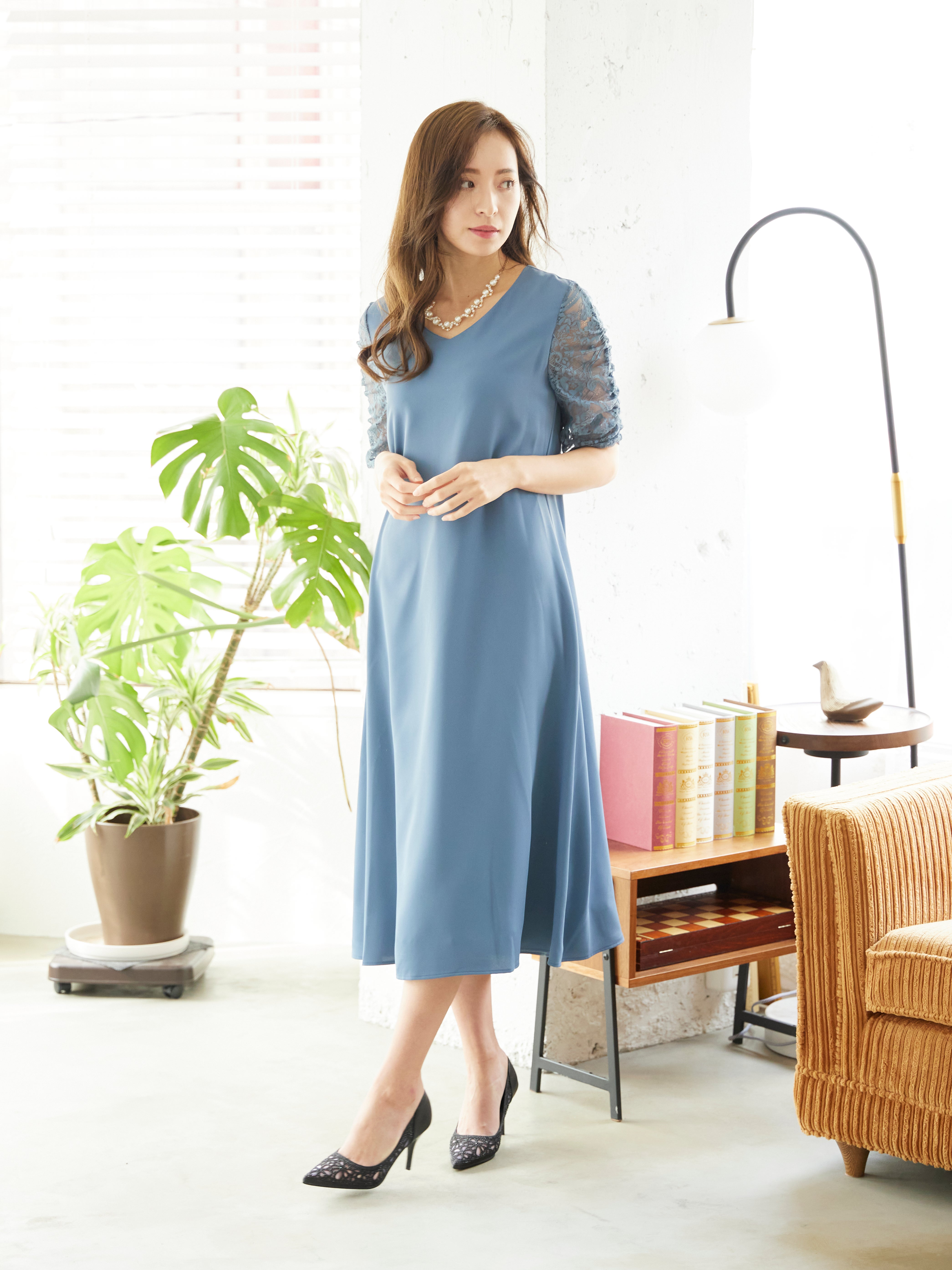 [レンタル] BELINDA DE CAPRIS Vネックギャザースリープ ワンピースドレス ブルーグレーの宅配レンタル - 2