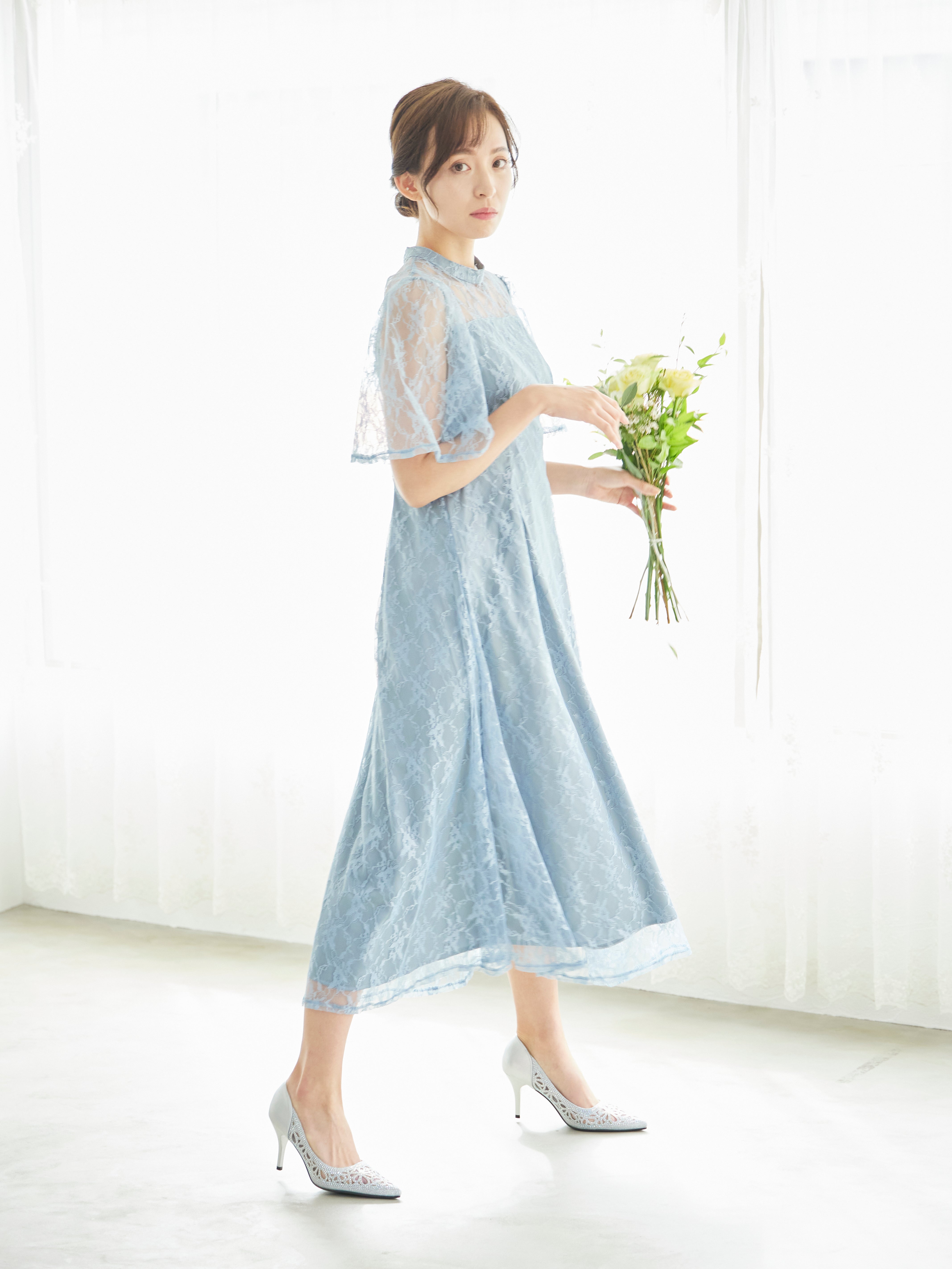 [レンタル] BELINDA DE CAPRIS 総レースフレア袖 ハイネック ワンピースドレス サックスブルーの宅配レンタル - 7