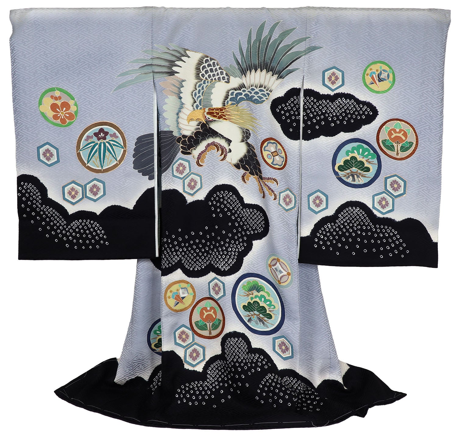 [手描友禅] 男の子 お宮参り 産着 手描友禅 レンタル6点フルセット 正絹 鷹と染め疋田 紗綾形グレー色