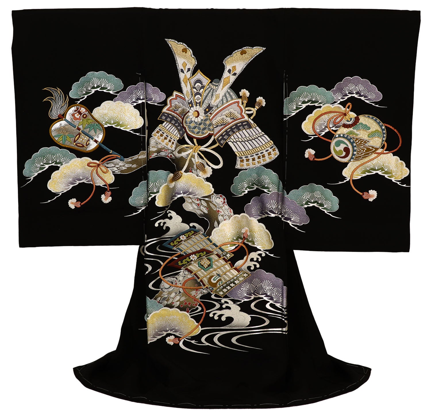 男の子 お宮参り 産着 レンタル6点フルセット 正絹 刺繍の兜に帷子 黒色