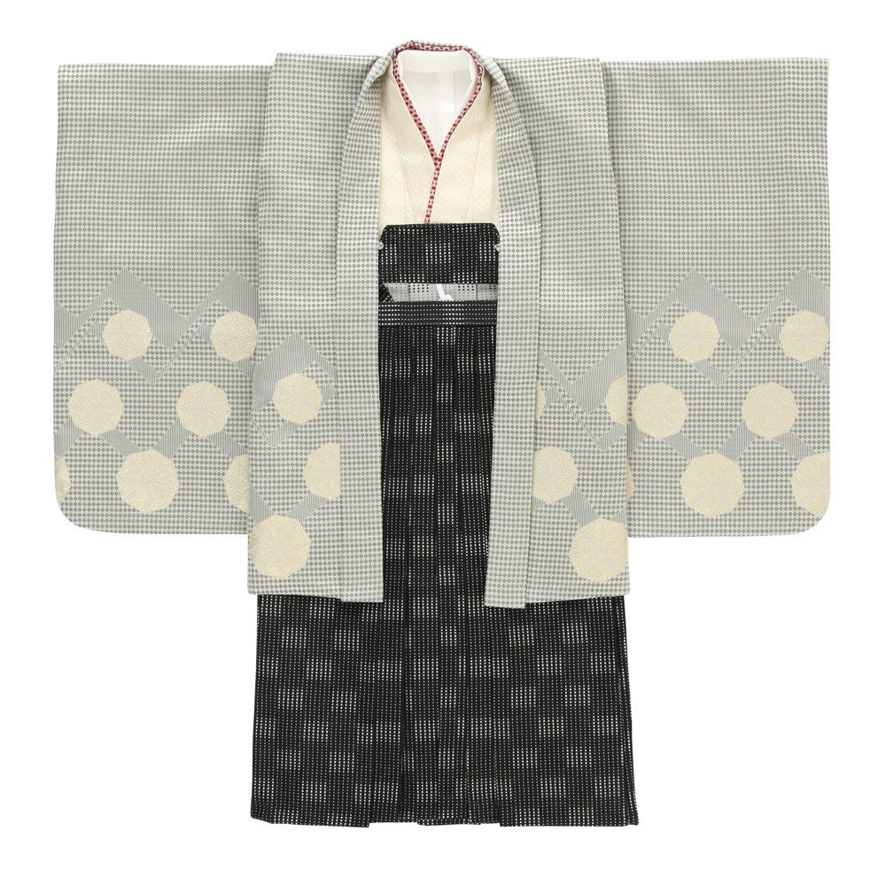 七五三/節句 袴セット 5歳男の子 交織 絵羽 四ツ身 選べる5色 (グレー / 白 / 黒 / 青 / 紫)