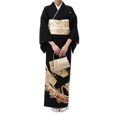 留袖セット 花リボン柄 (長襦袢、帯、和装小物一式) ブラック Lサイズ