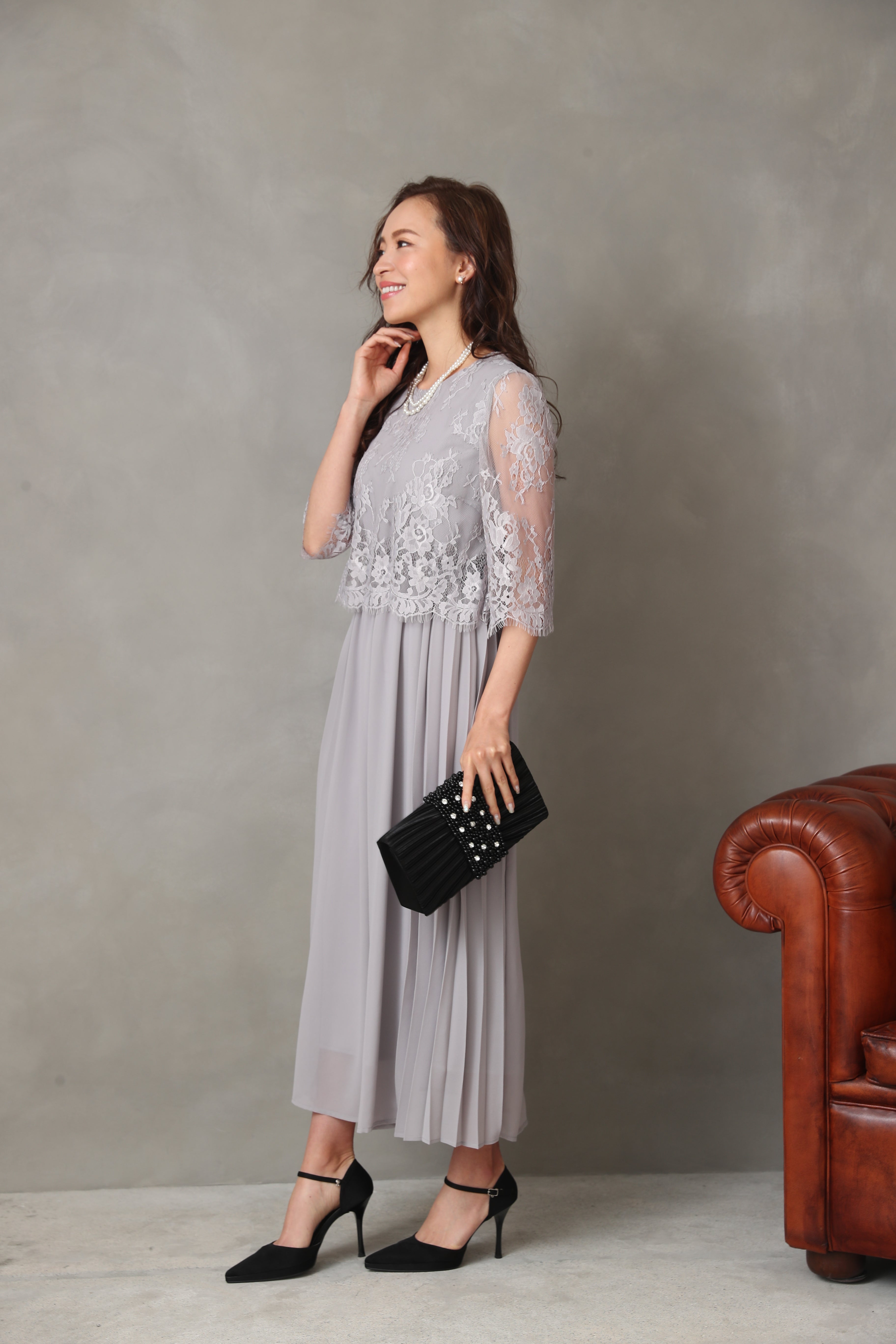 [レンタル] BELINDA DE CAPRIS サイドプリーツ レーススリーブ ワンピースドレス グレーの宅配レンタル - 15