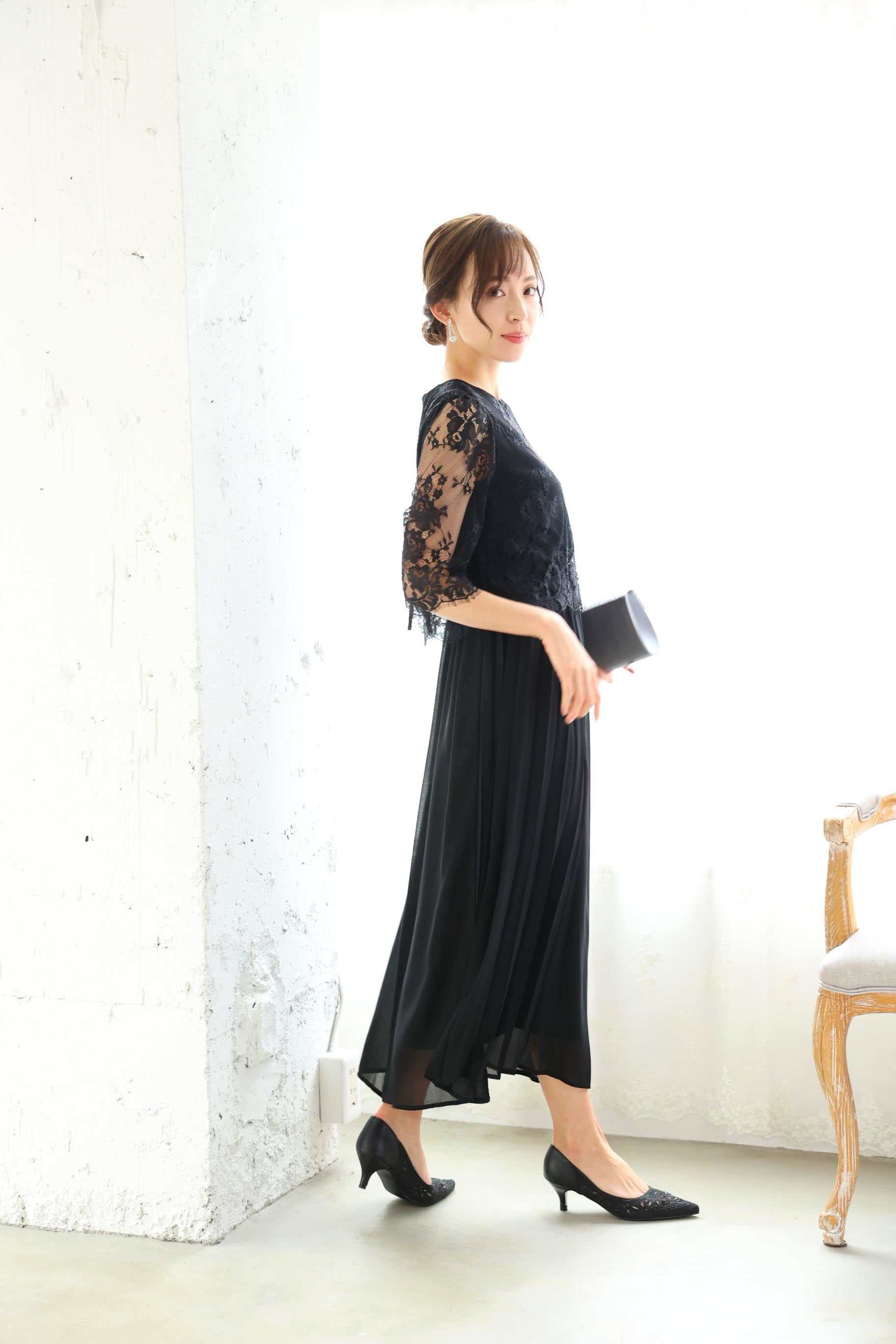 [レンタル] BELINDA DE CAPRIS サイドプリーツ レーススリーブ ワンピースドレス ブラックの宅配レンタル - 8