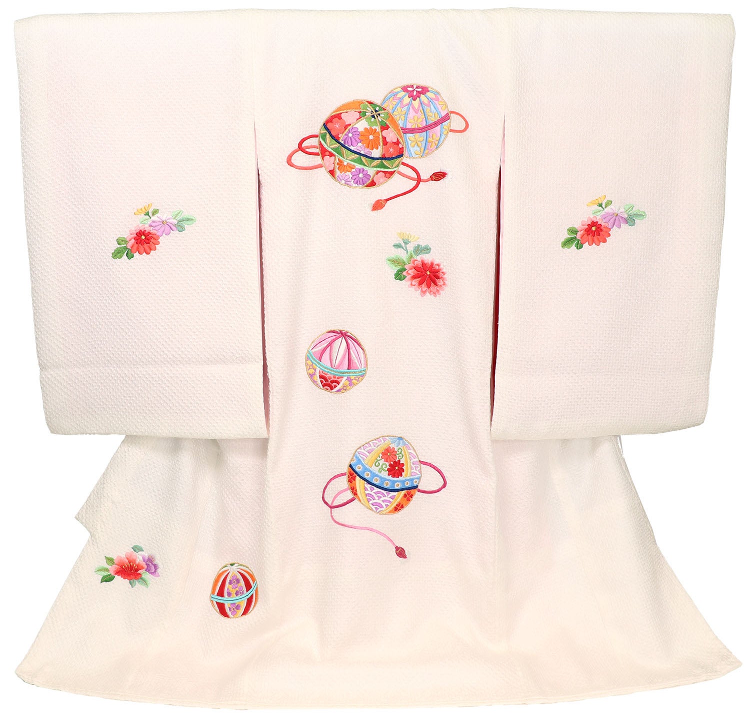 女の子 お宮参り 産着 レンタル6点フルセット 正絹 彩り刺繍手毬 白色の総絞り風